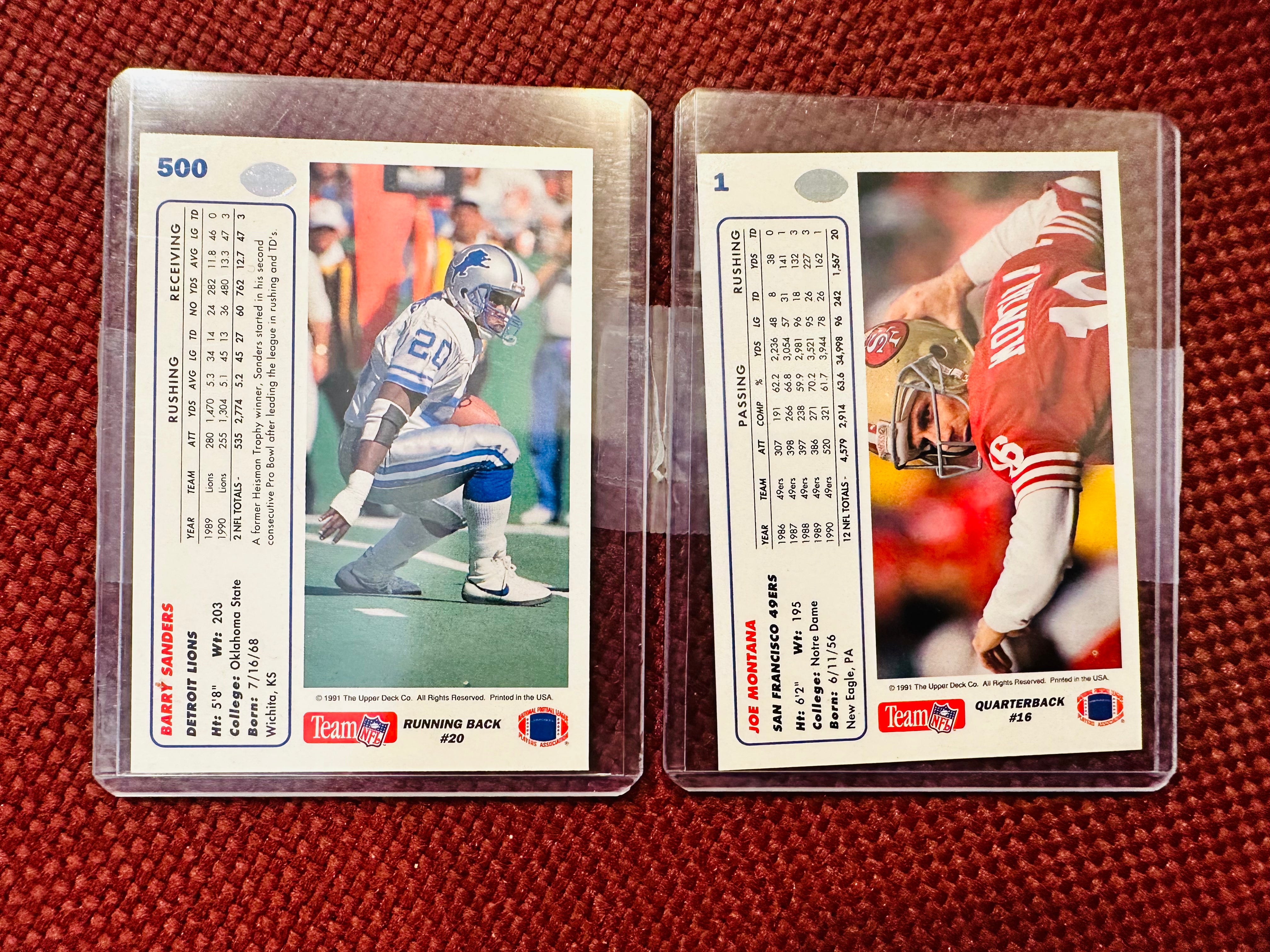Joe Montana and Barry Sanders rare Upper Deck promo cards 1990-91