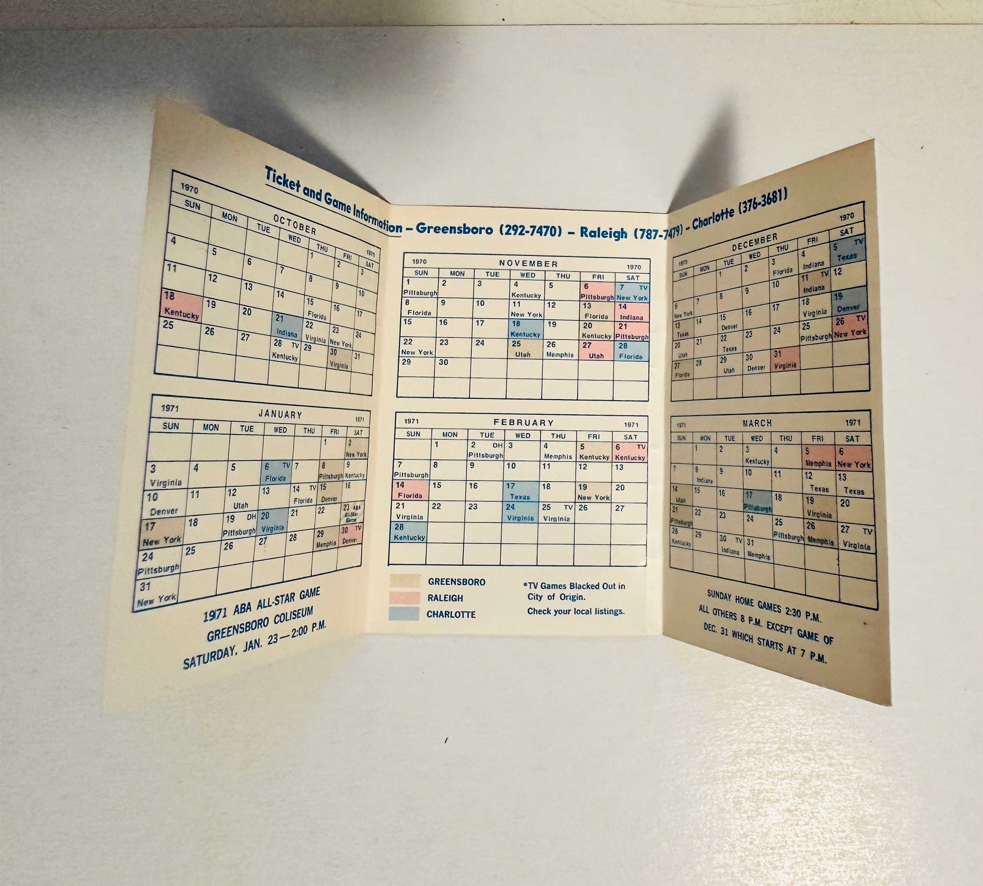 Carolina cougars, rare ABA basketball schedule 1970-71