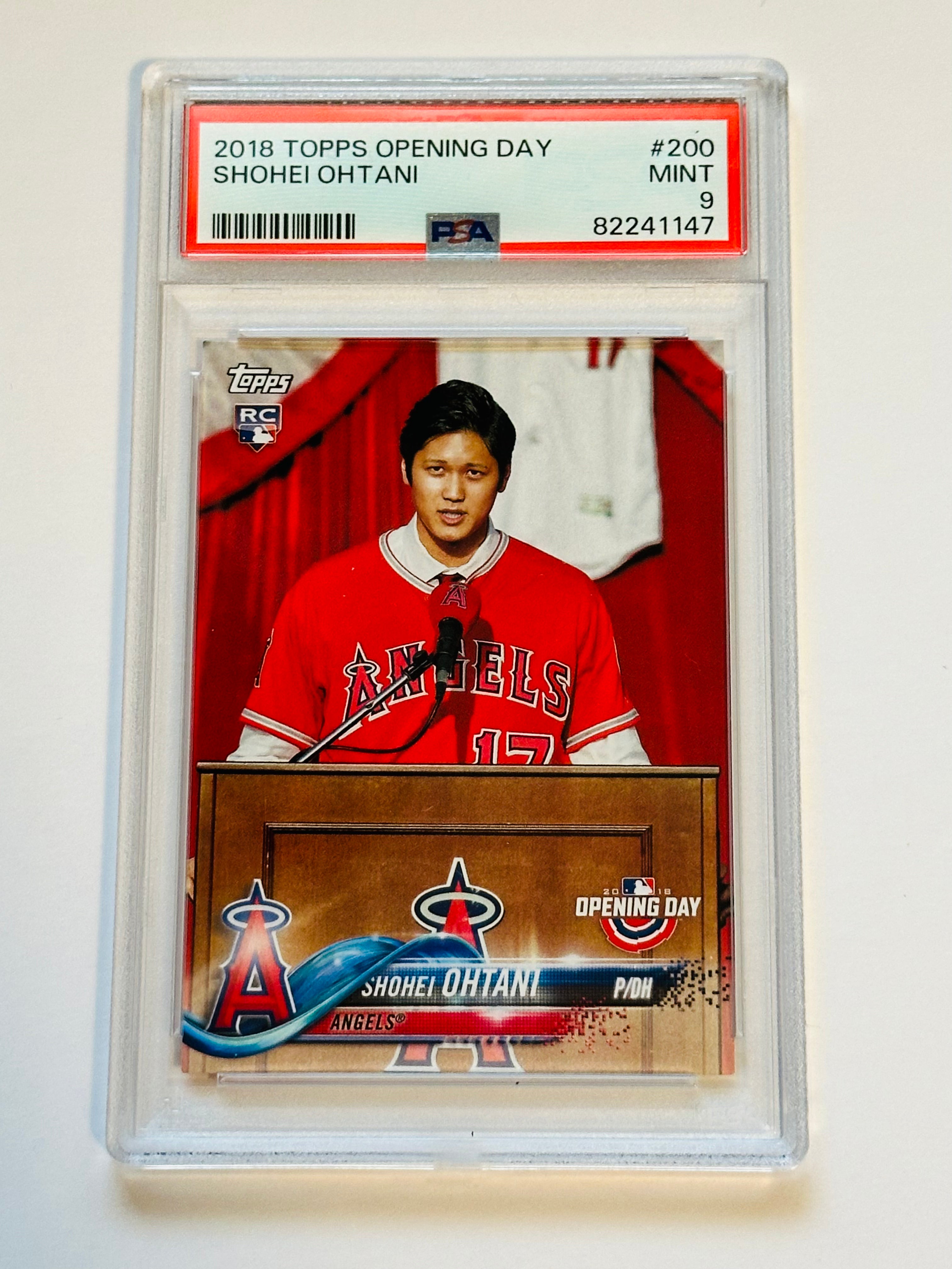 Topps Shohei Ohtani opening day, PSA 9 graded baseball rookie card 201 Topps Shohei Ohtani opening day, PSA 9 graded baseball rookie card 201