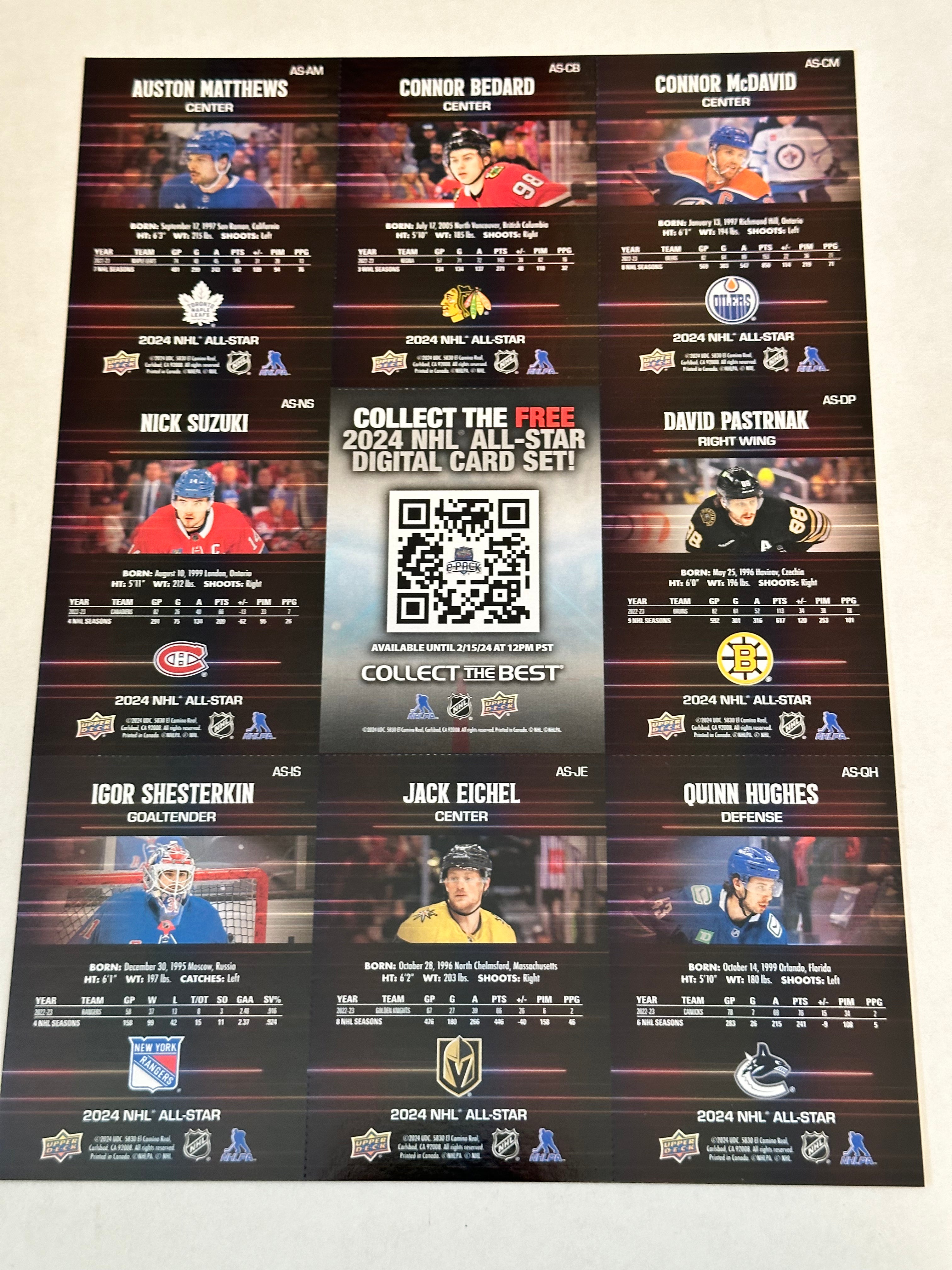 Connor Bedard Upper Deck Rookie hockey card All-Star game limited issued uncut cards sheet 2024
