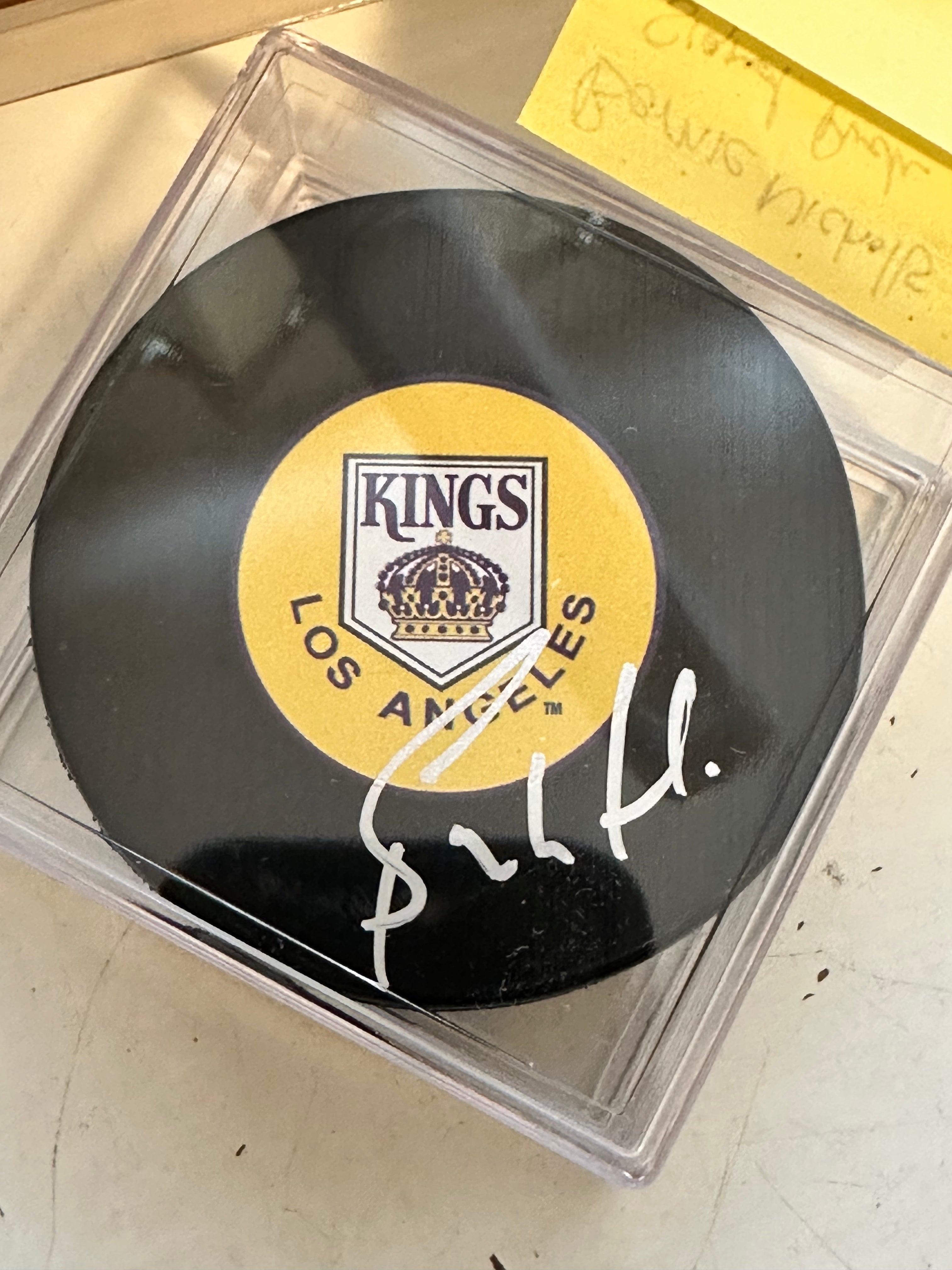 Bernie Nicholls signed in person hockey puck with holder and COA