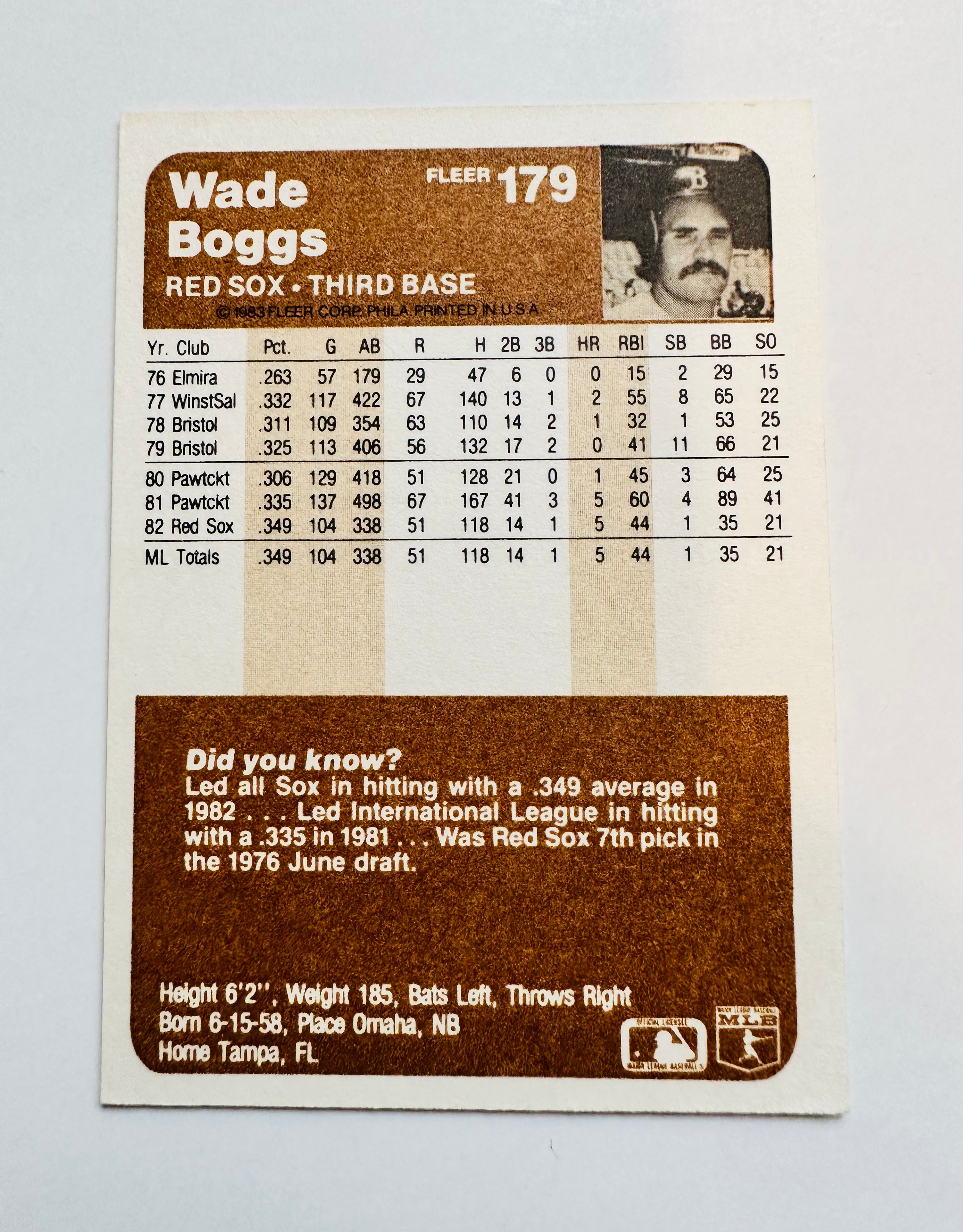 Wade Boggs Fleer nm condition rookie baseball card 1983