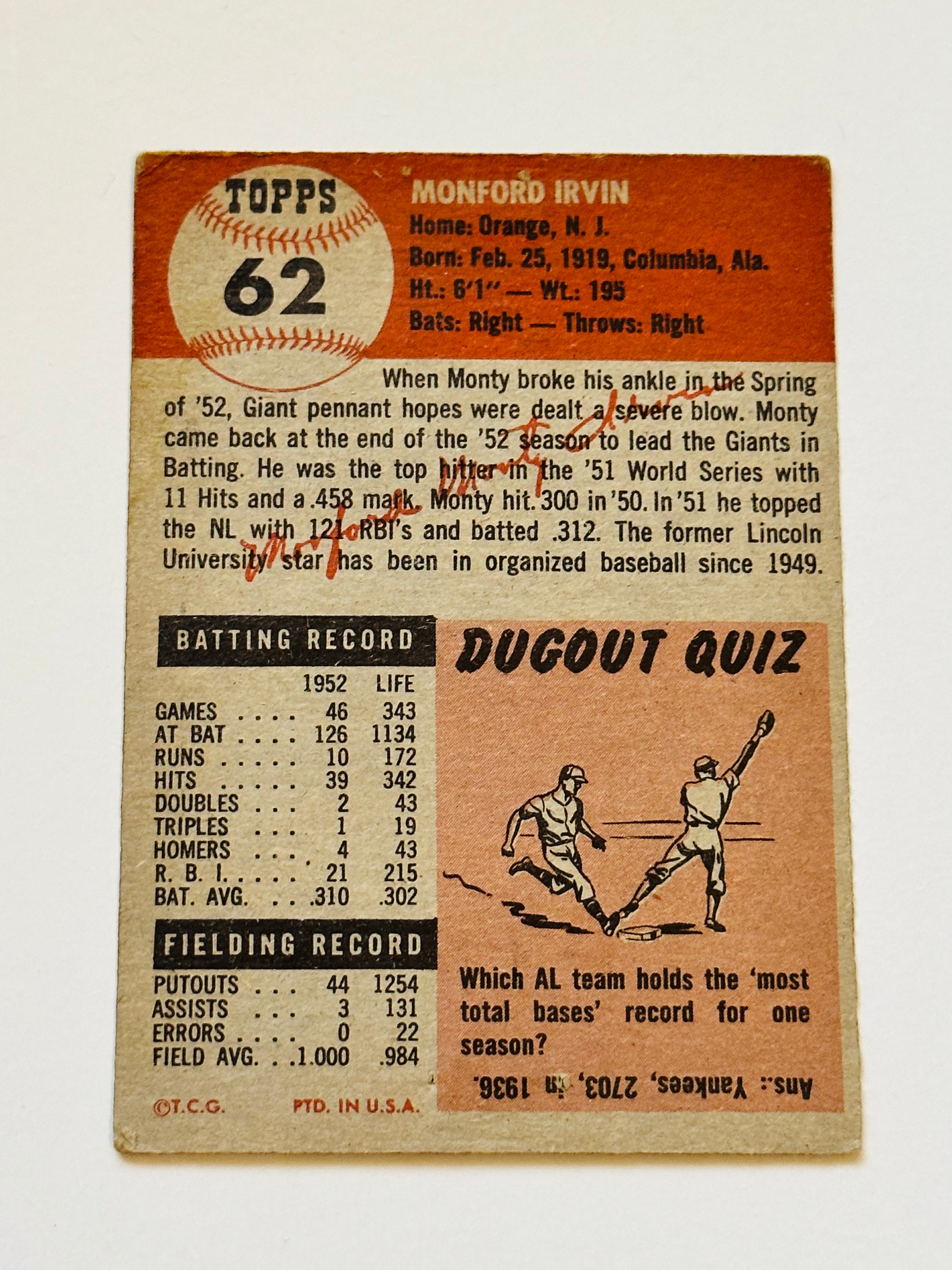 1953 Topps Monte Irvin vg condition baseball card