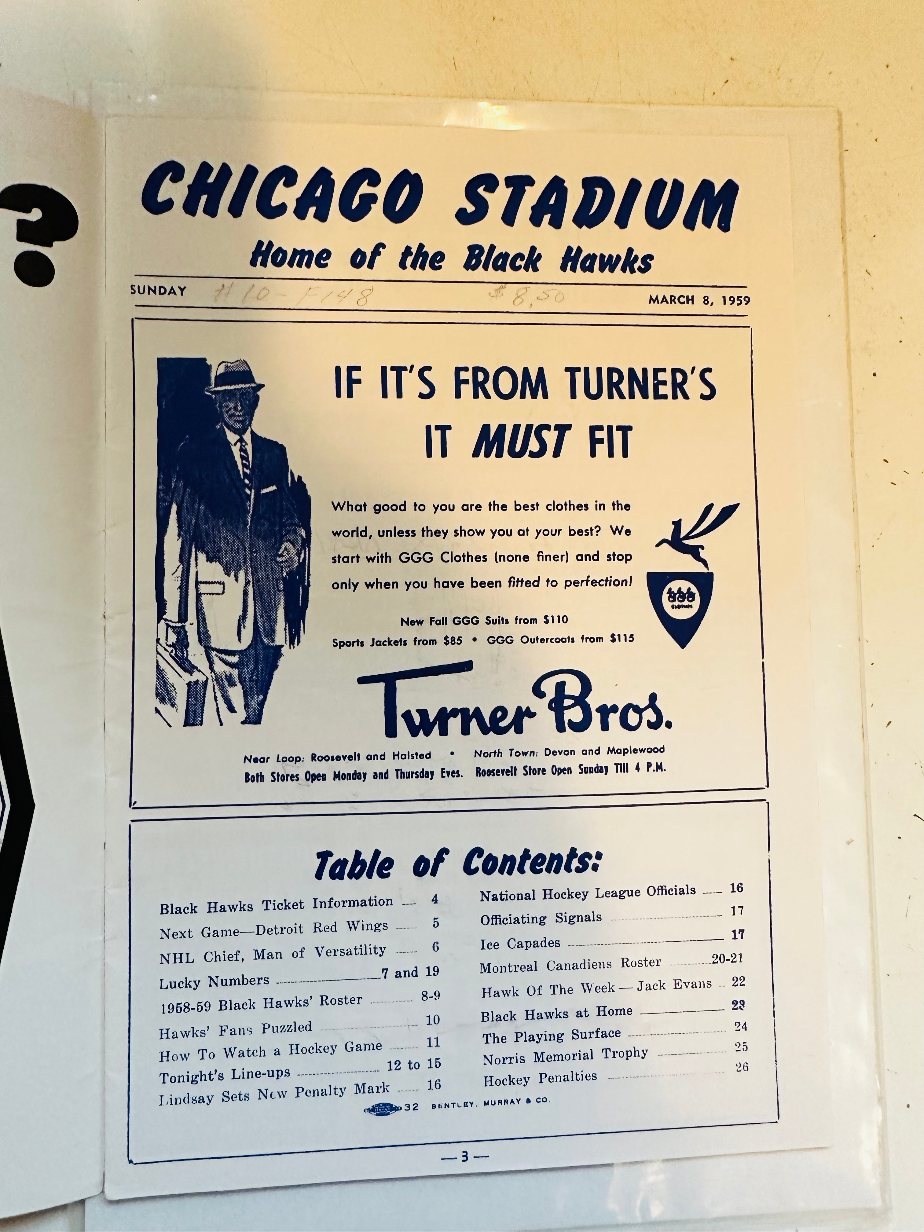 1958-59 Chicago Vs Montreal hockey game program