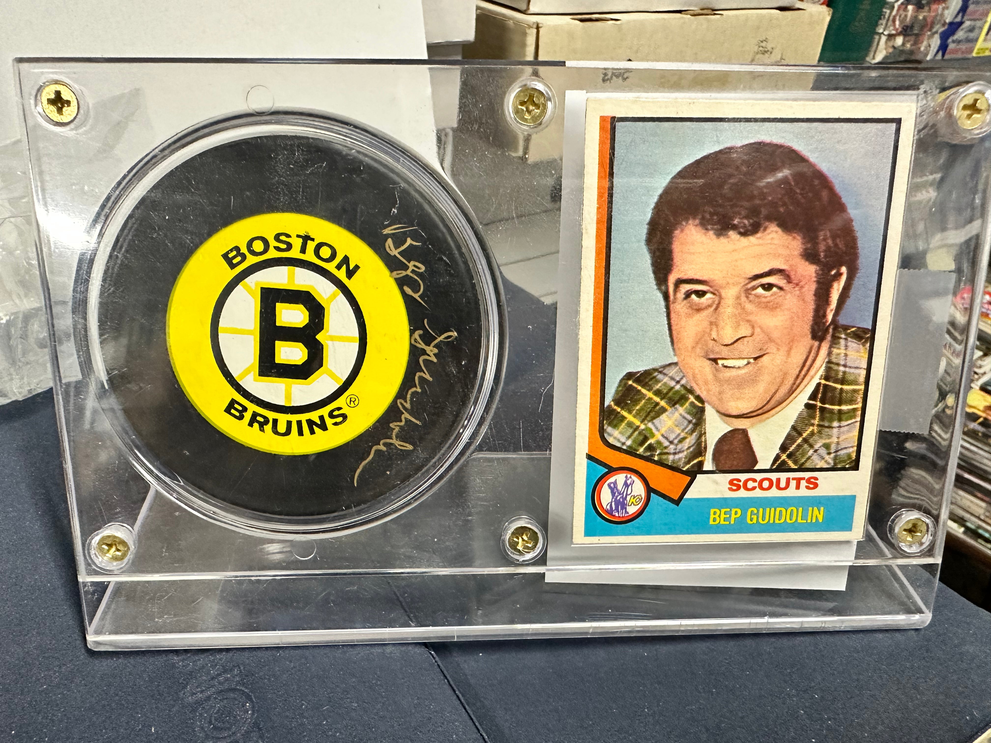 Bep Guidolin rare signed puck and card in holder with COA