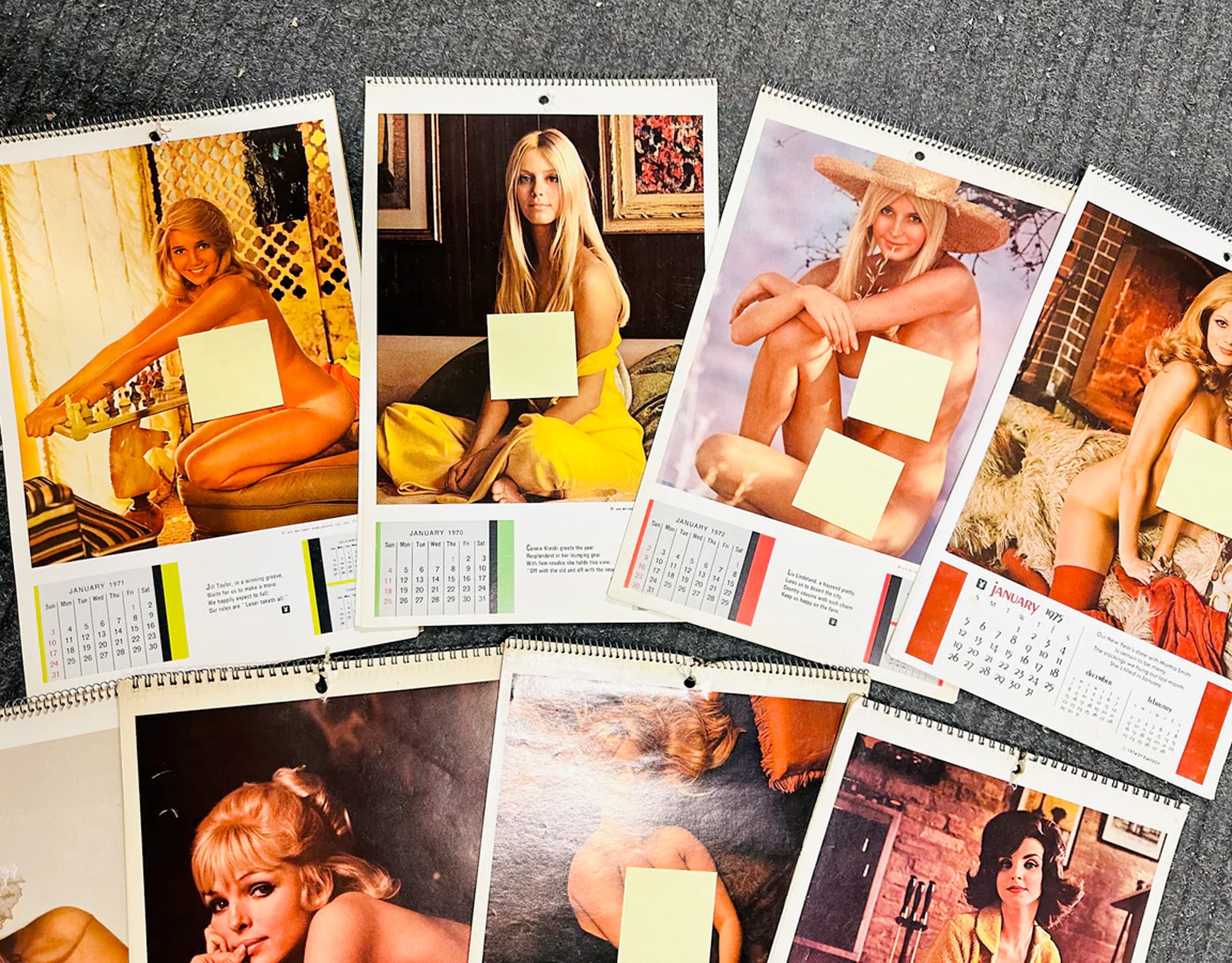 Collection of calendar pages featuring women in various poses on a textured surface.