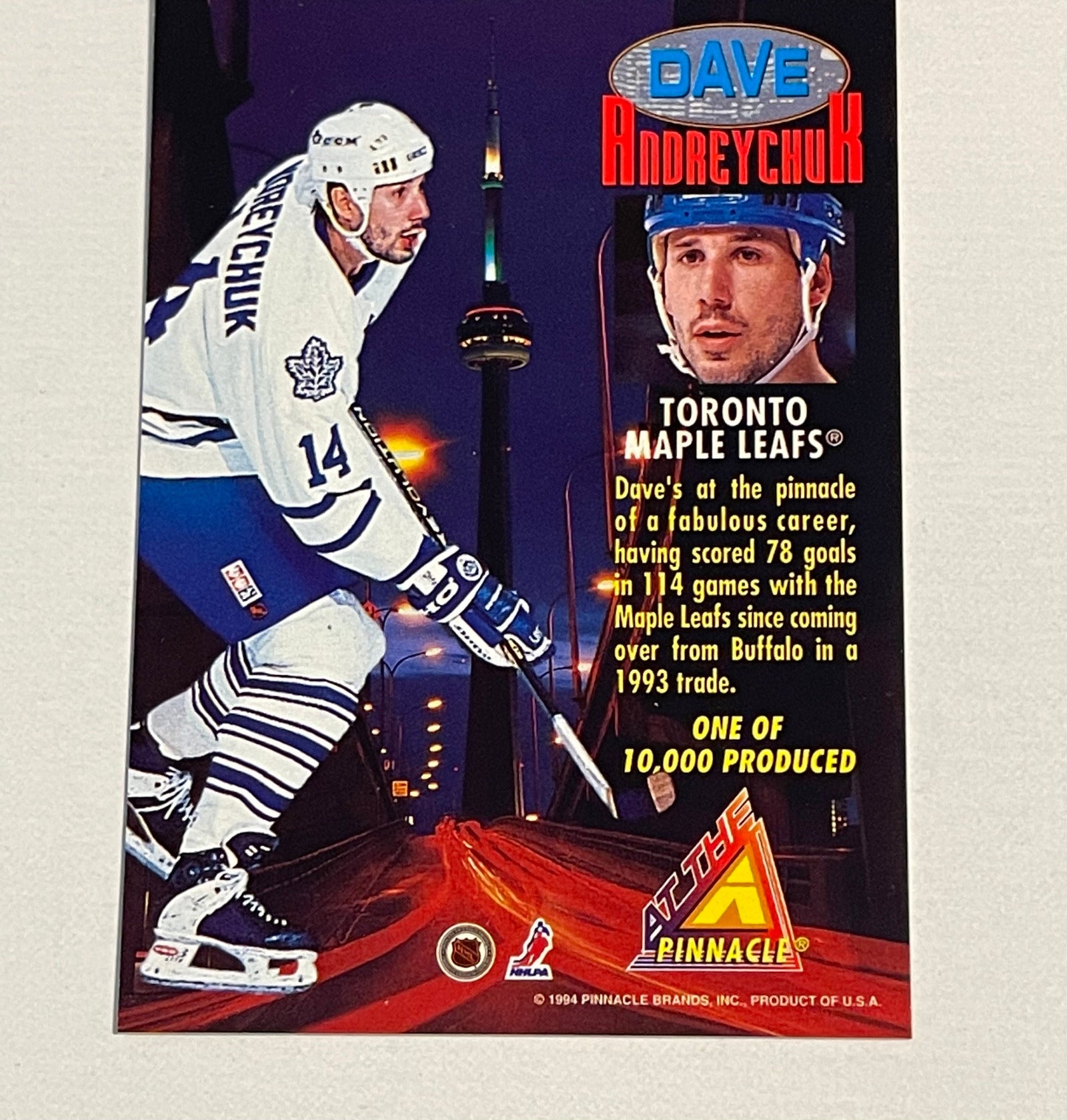 Hockey trading card featuring a player with text about Dave Andreychuk and the Toronto Maple Leafs.