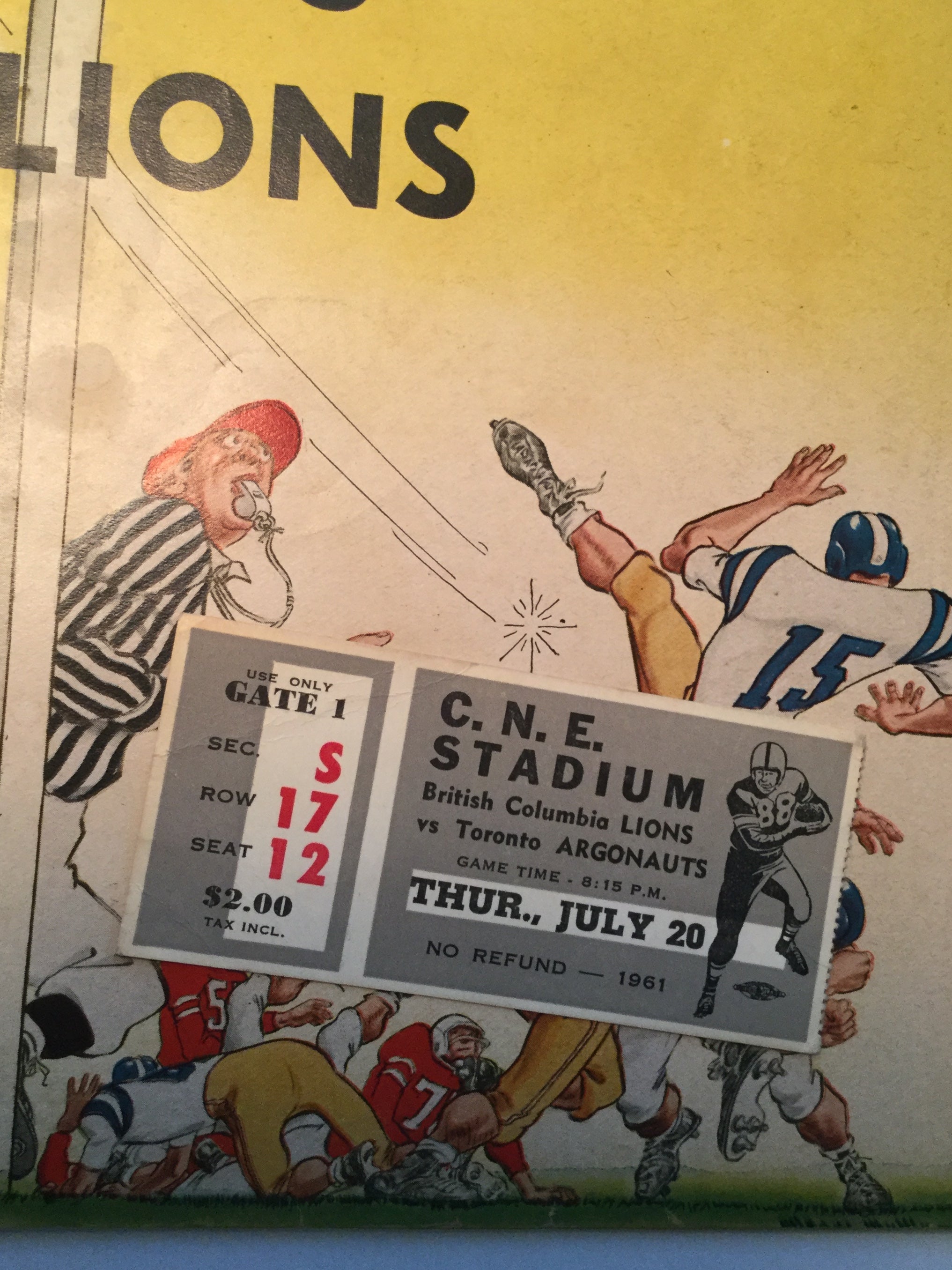 CFL football Argos vs BC Lions Program w/ticket 1961