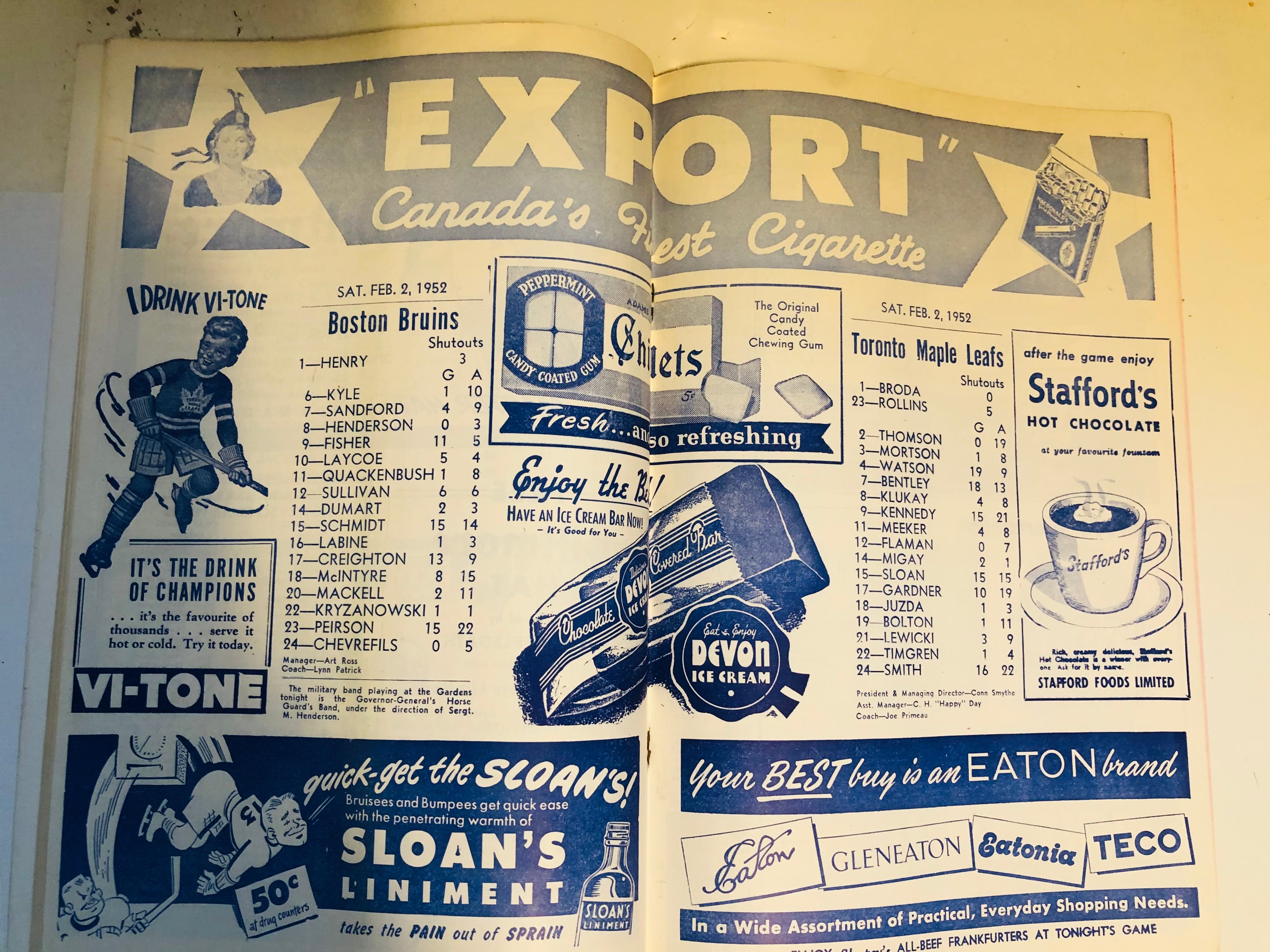 Toronto Maple Leafs hockey game program Feb.2,1952