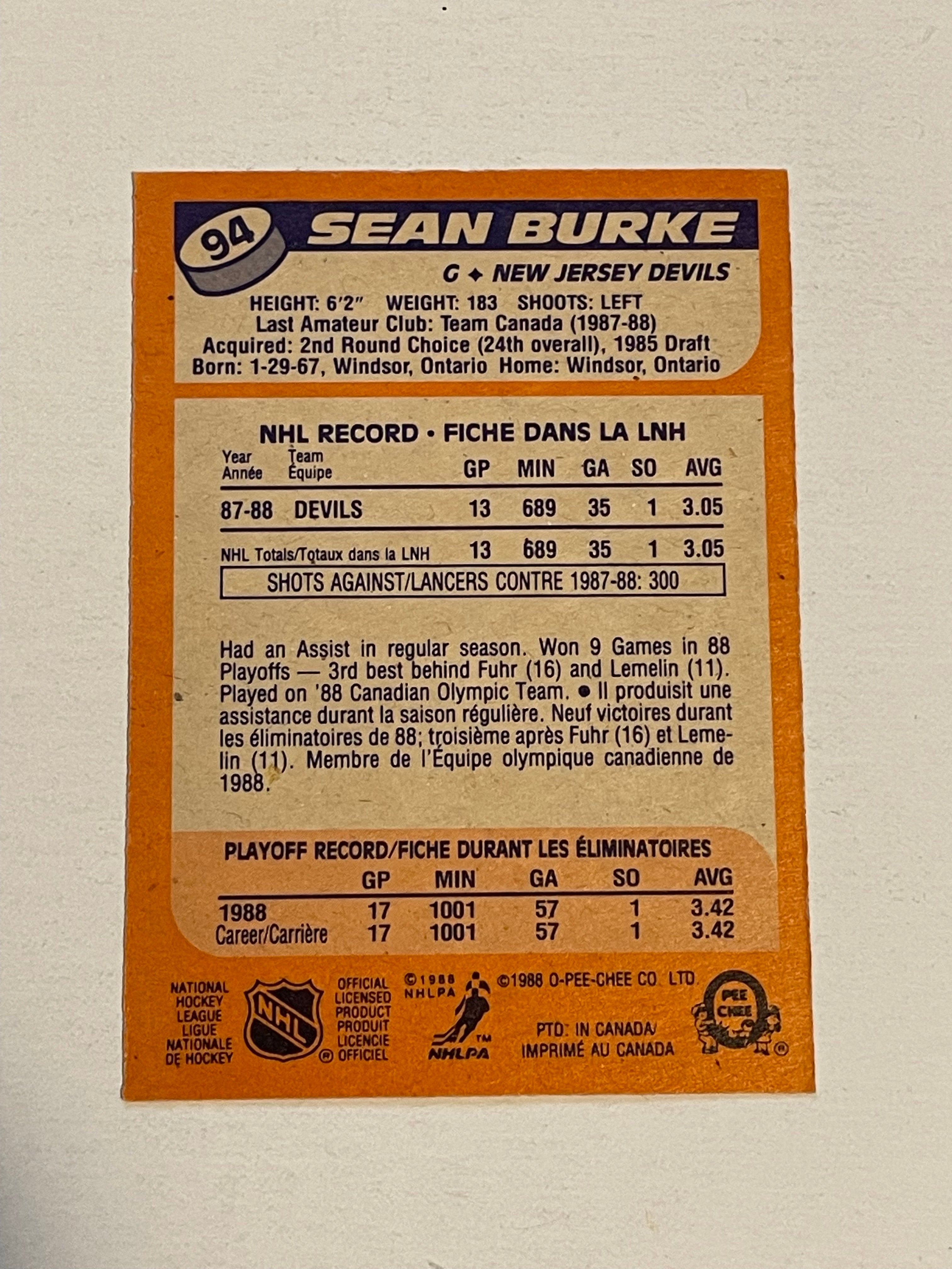 Sean Burke rookie autograph hockey card with COA