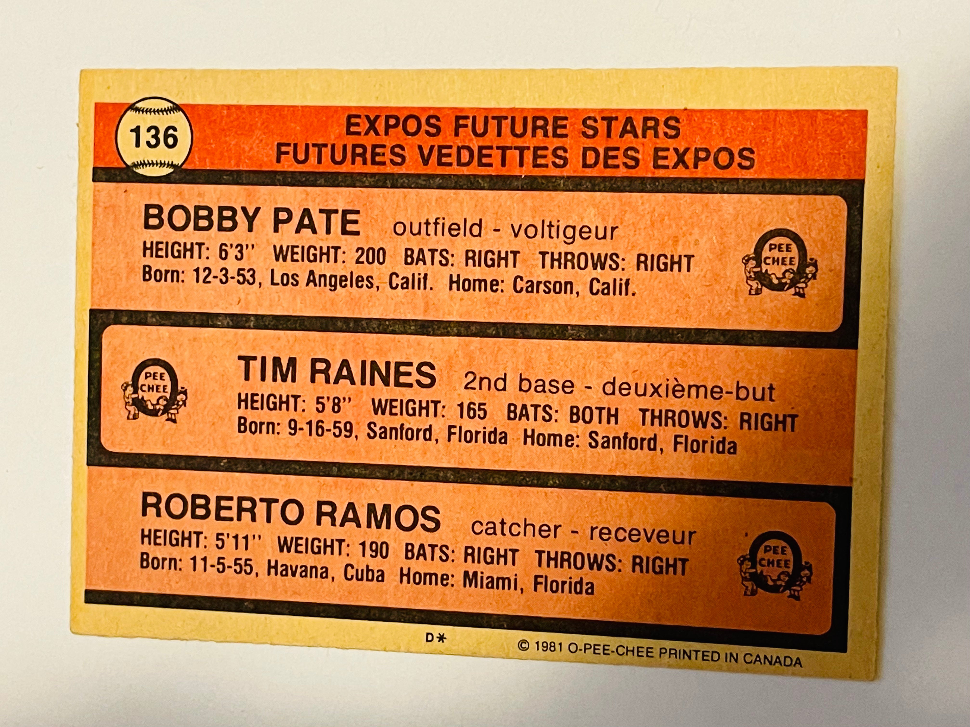Tim Raines Montreal Expos Opc rookie baseball card 1981