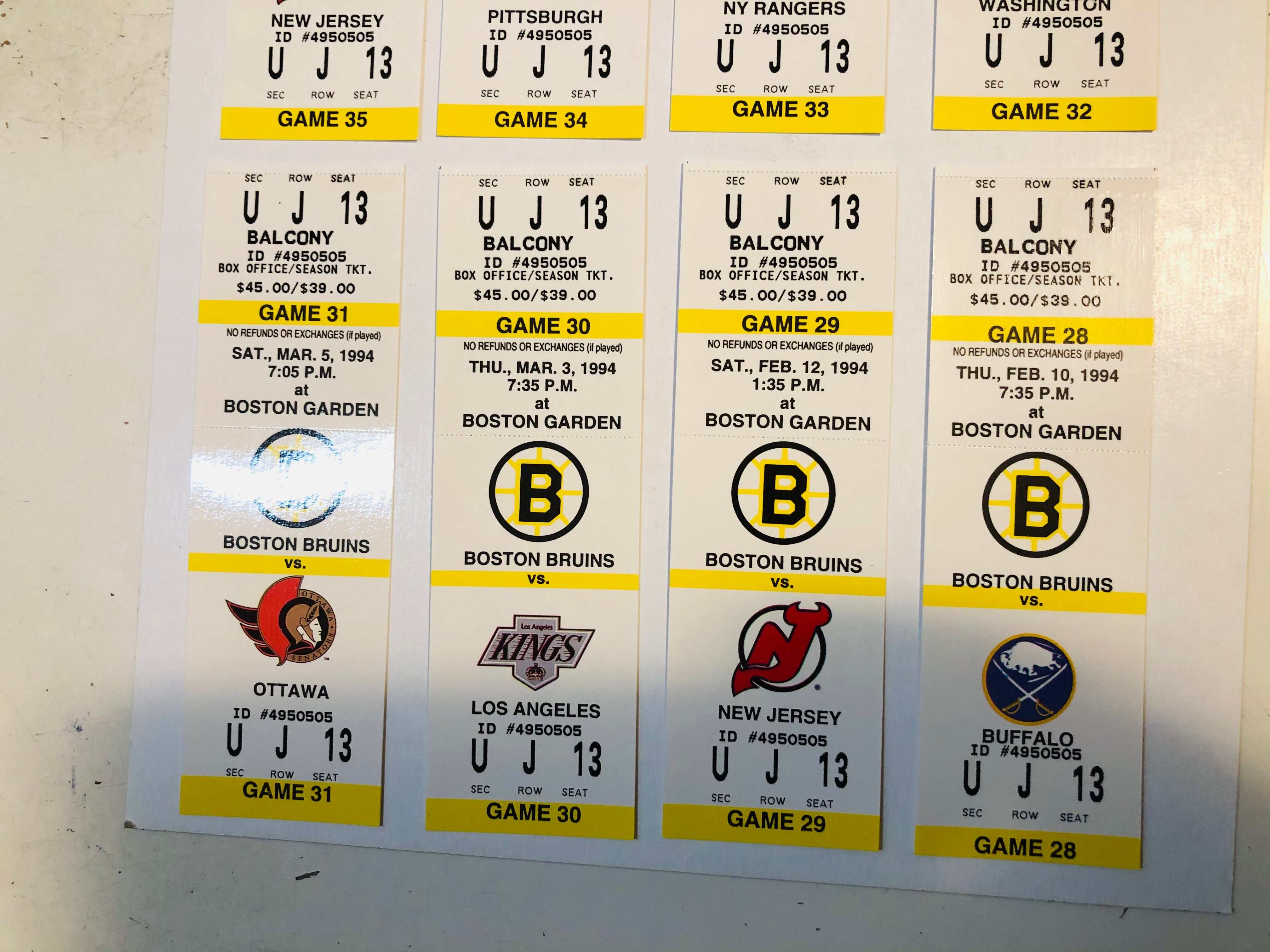 Boston Bruins hockey 8 tickets lot deal ( feb. 10, 1994)