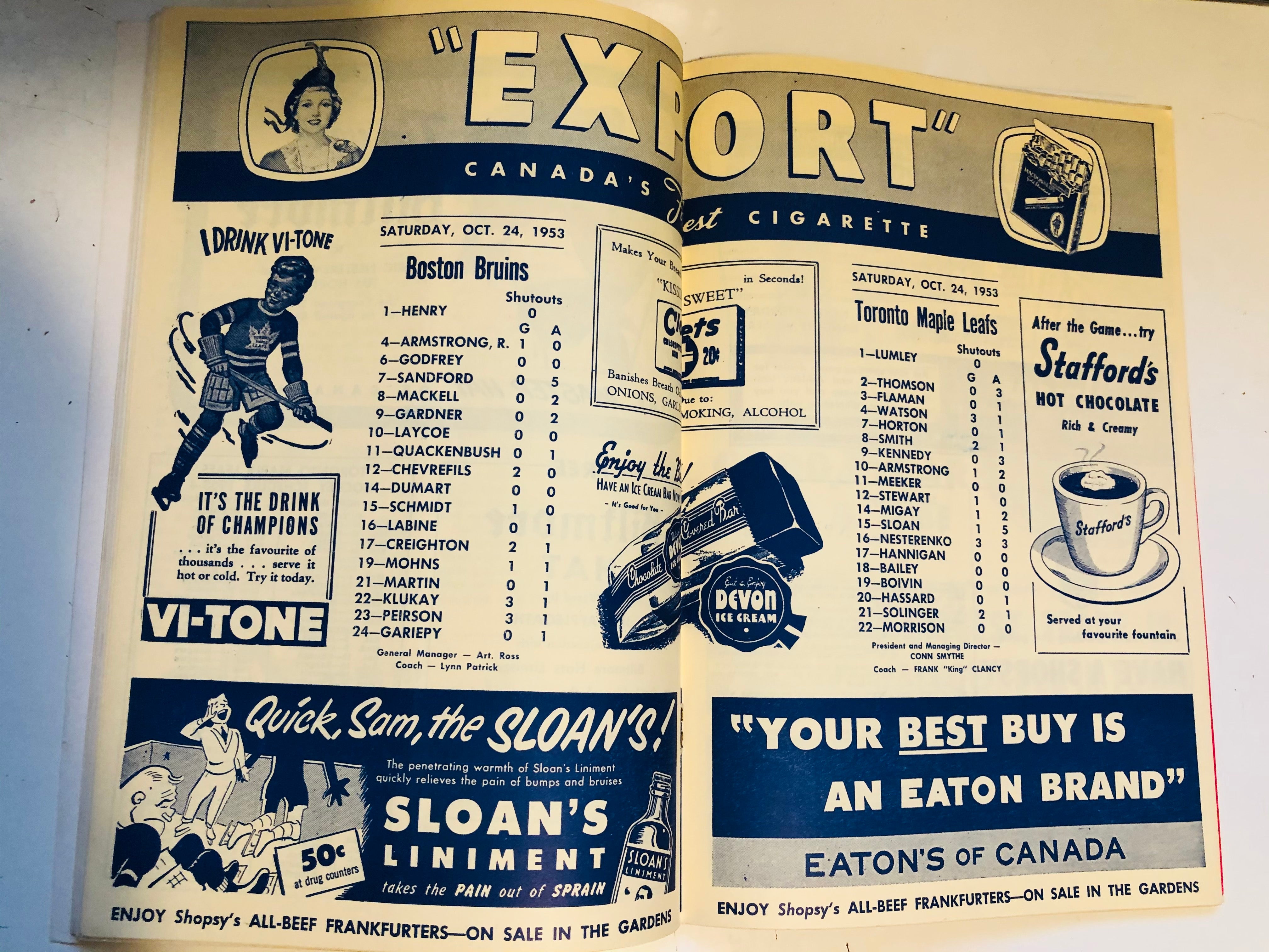 Toronto Maple Leafs hockey game program,Oct.24,1953