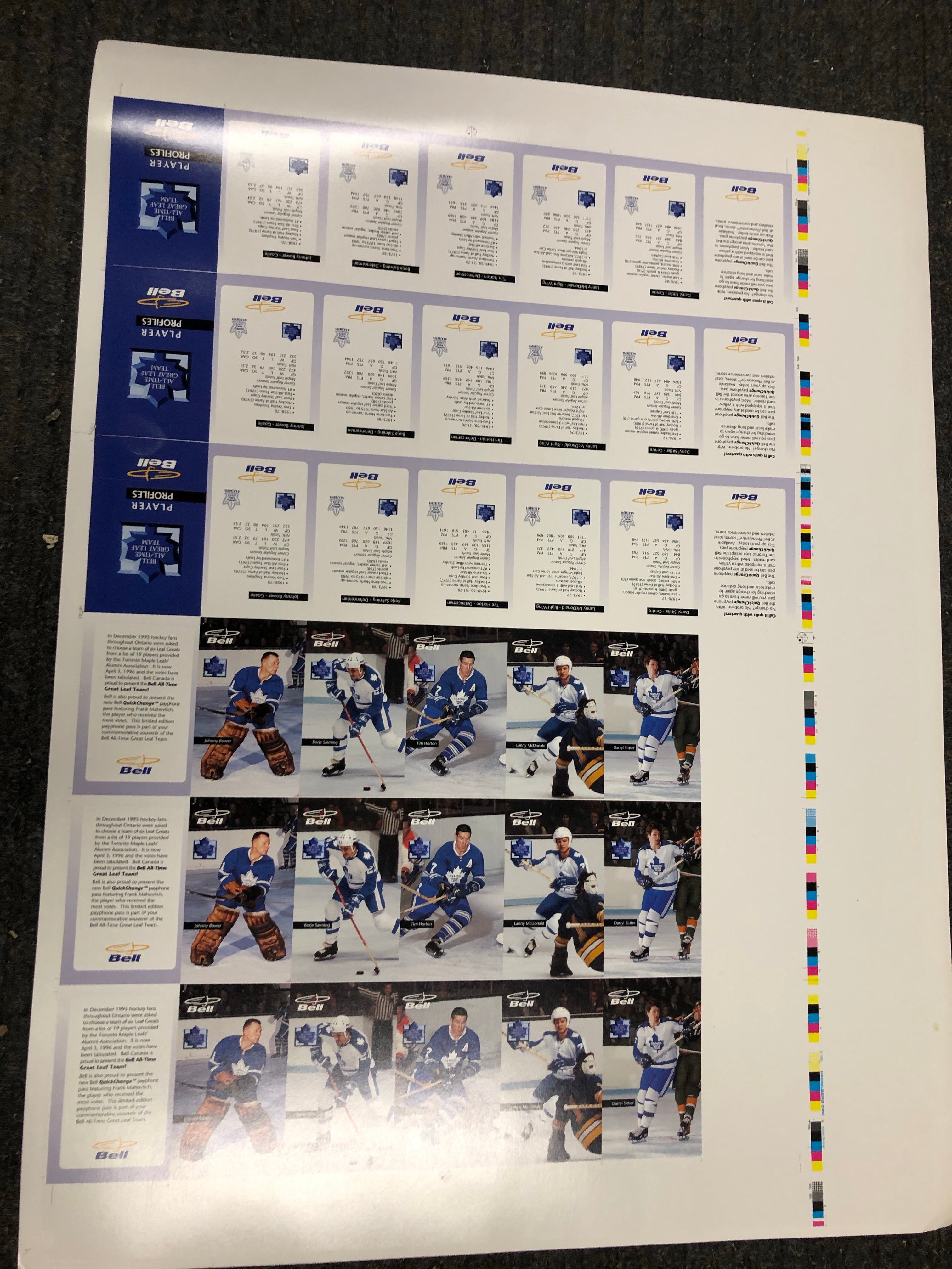 Toronto Maple Leafs hockey rare Bell Mobility uncut hockey cards sheet 1996