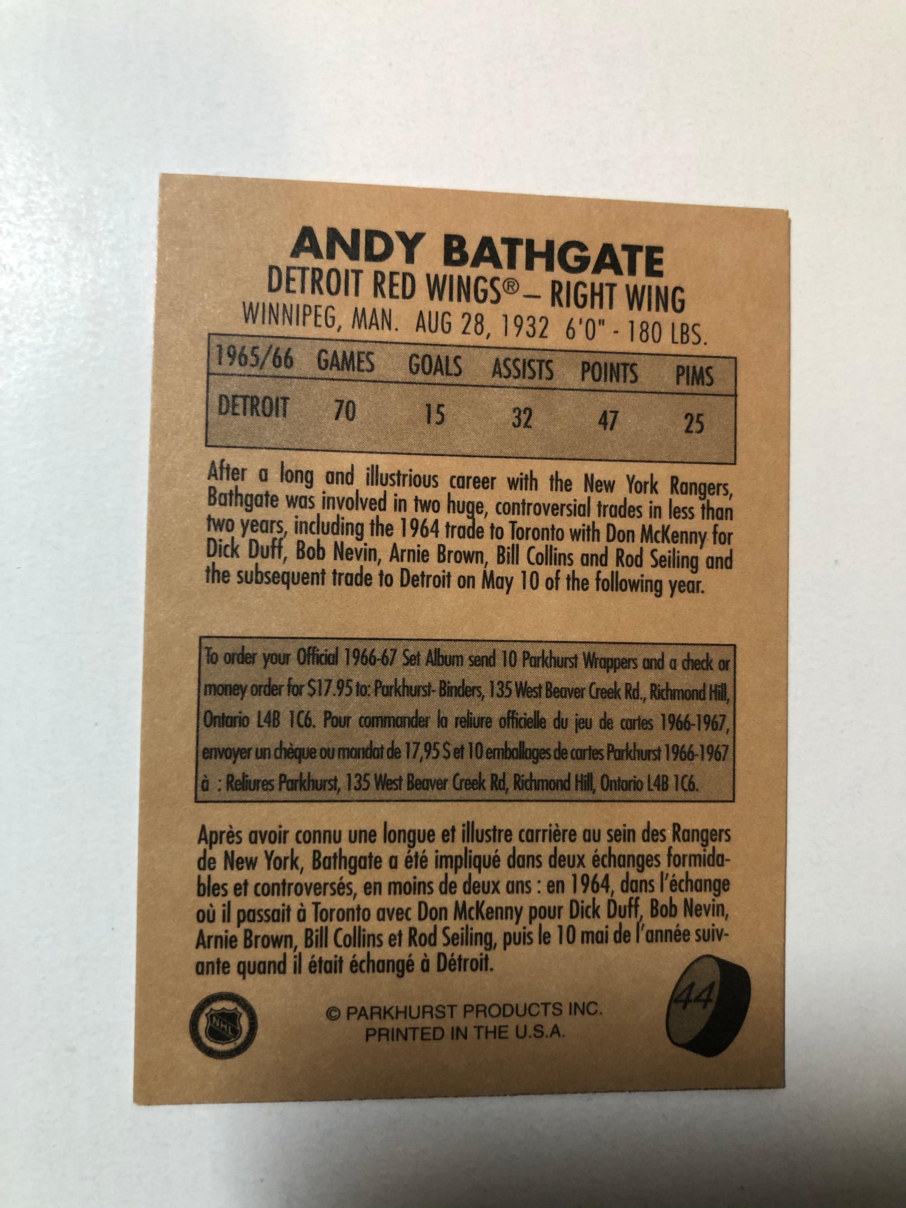 Andy Bathgate autograph hockey card with COA