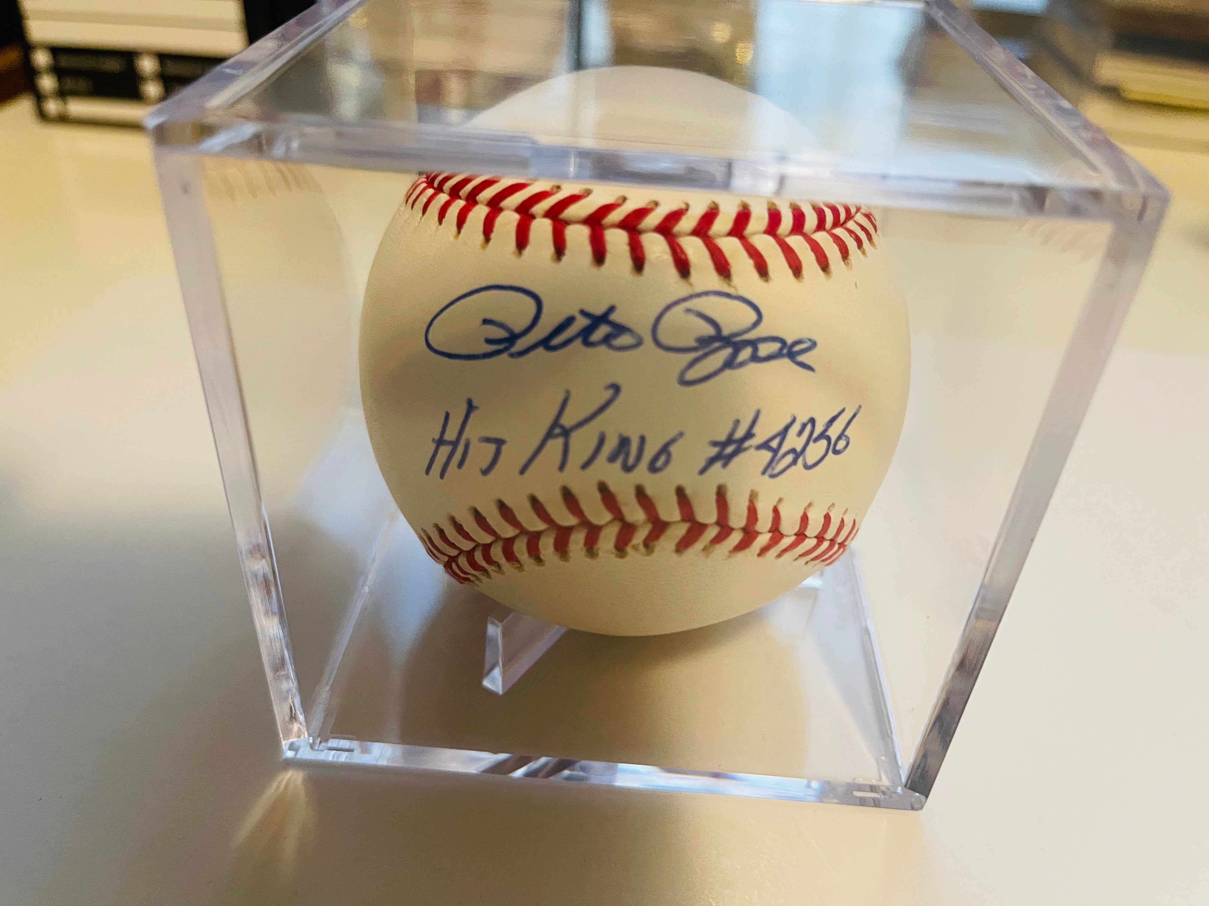 Pete Rose special inscription autographed baseball with COA in cube