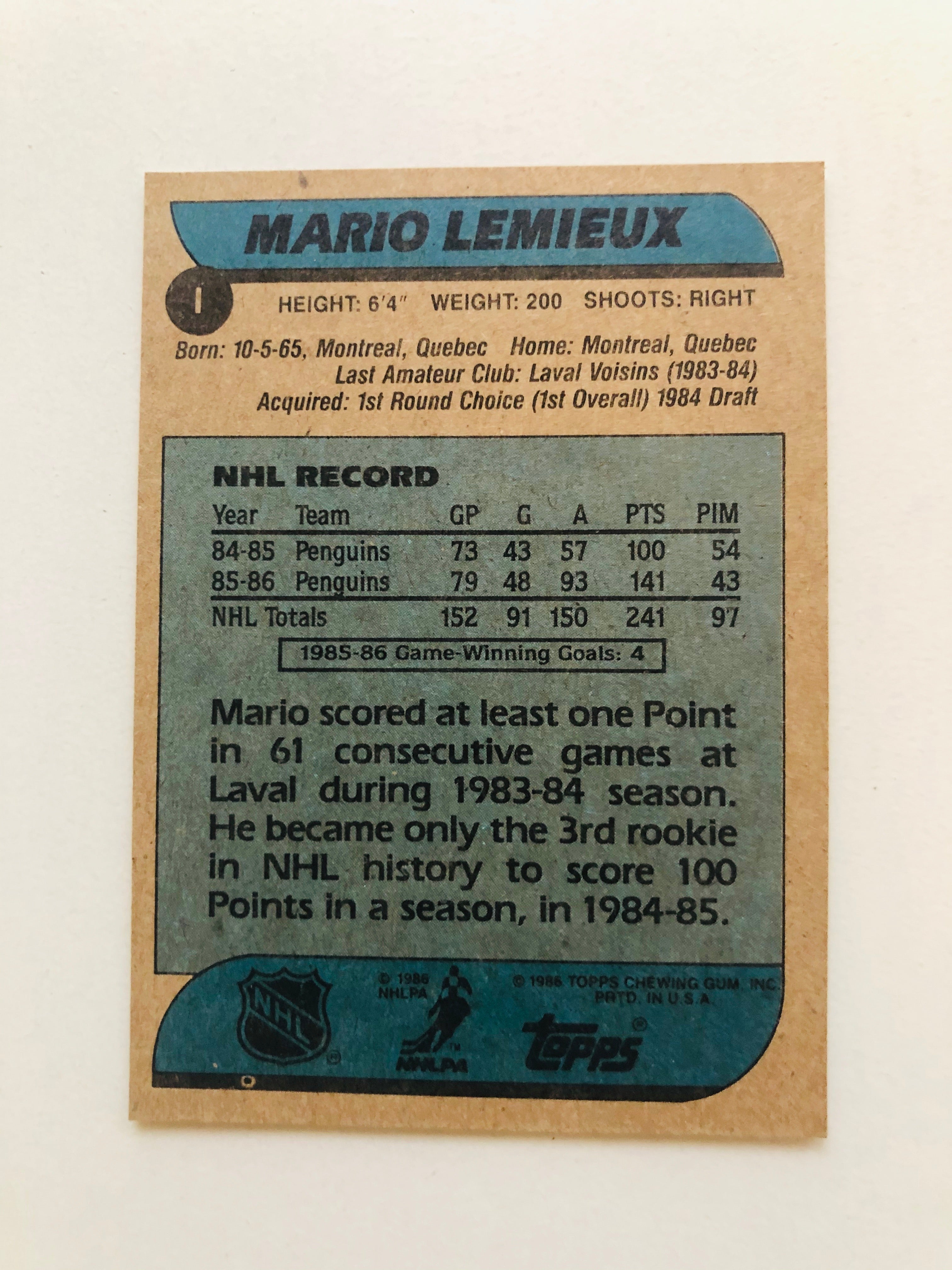 Mario Lemieux rare box bottom hockey card 1986/87