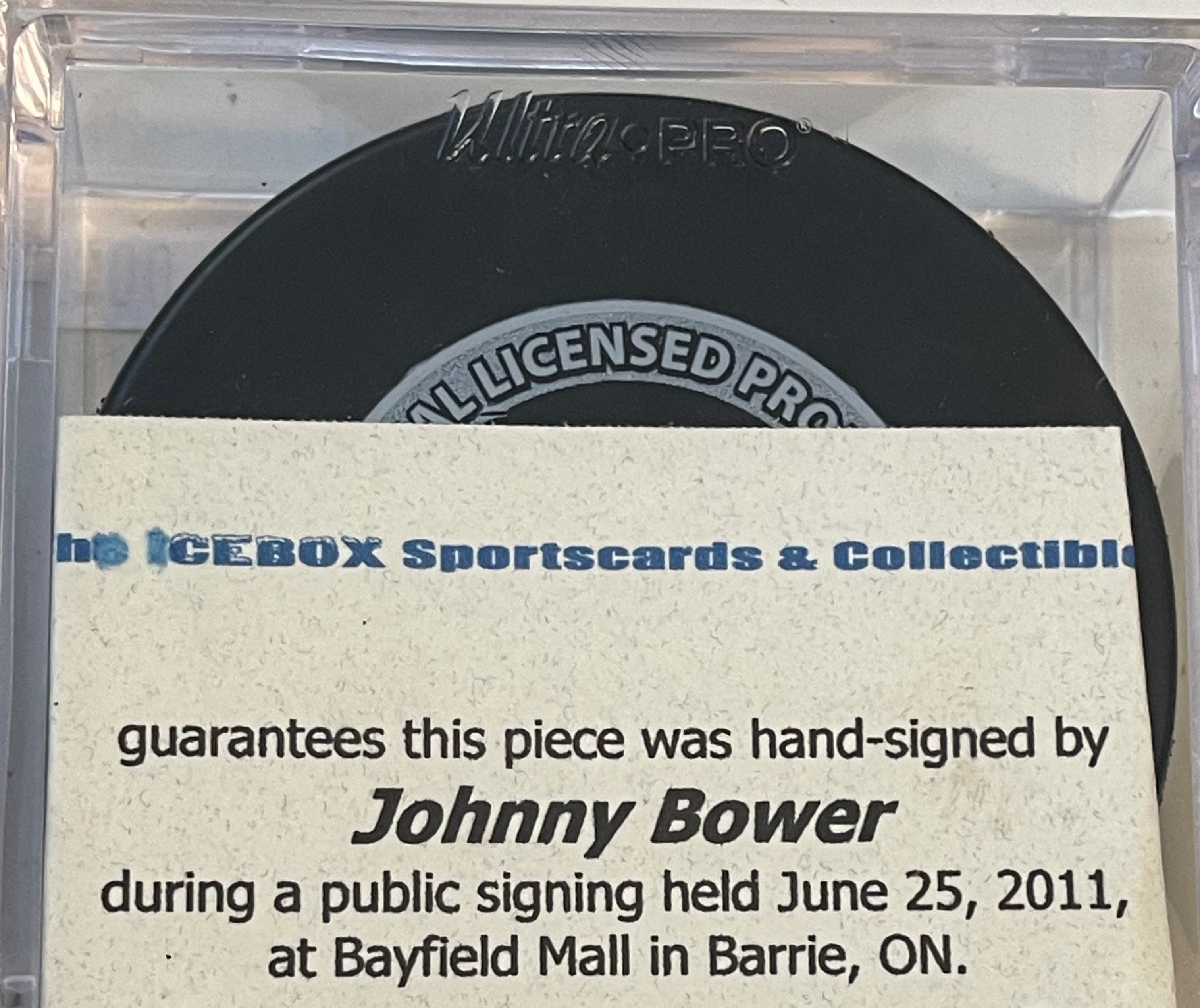 Johnny Bower Toronto Maple Leafs autograph inscription puck with COA