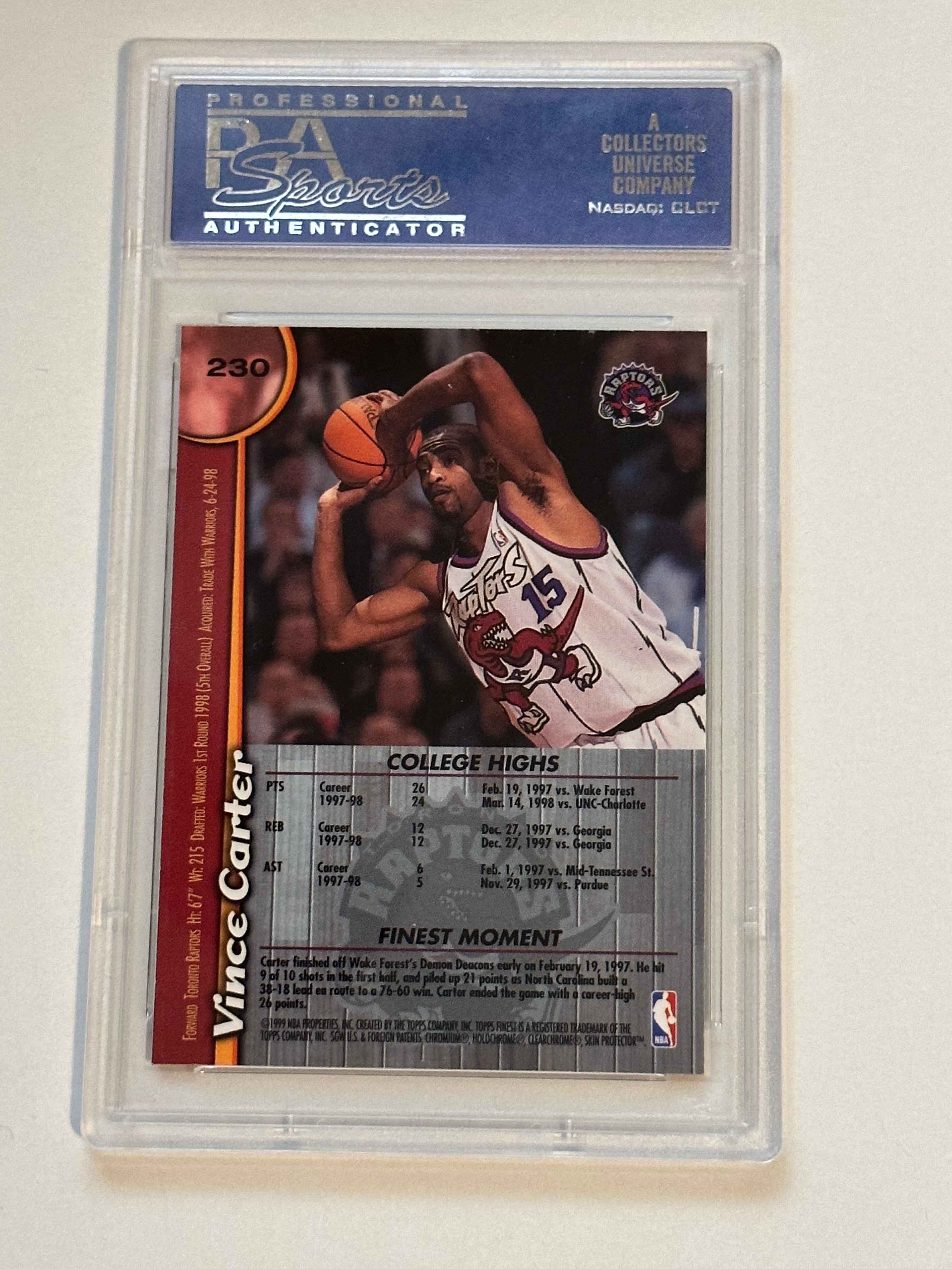 Vince Carter Toronto Raptors Topps Finest PSA basketball high grade rookie card 1998