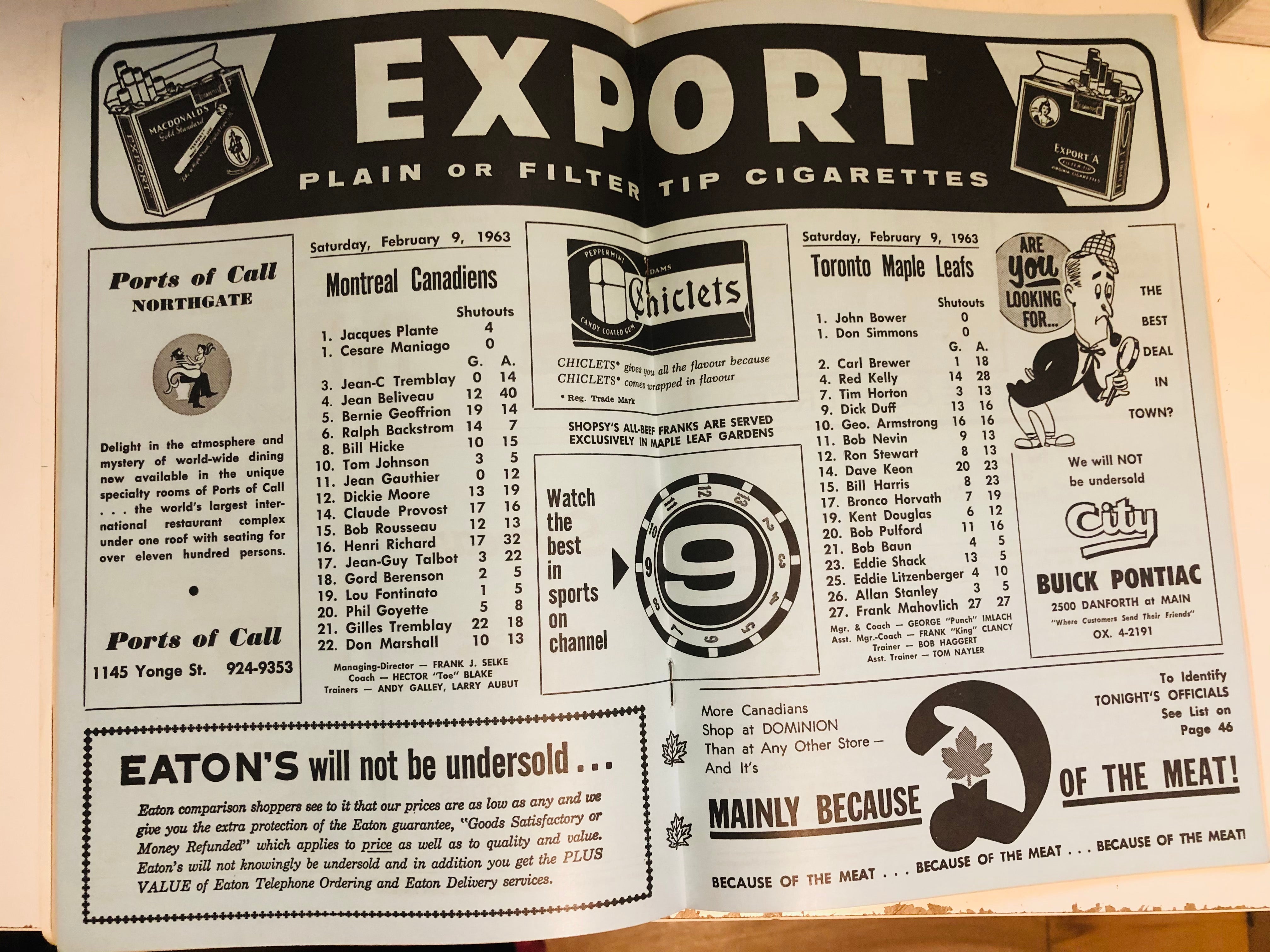 1963 Toronto Maple Leafs original hockey game program feb.9