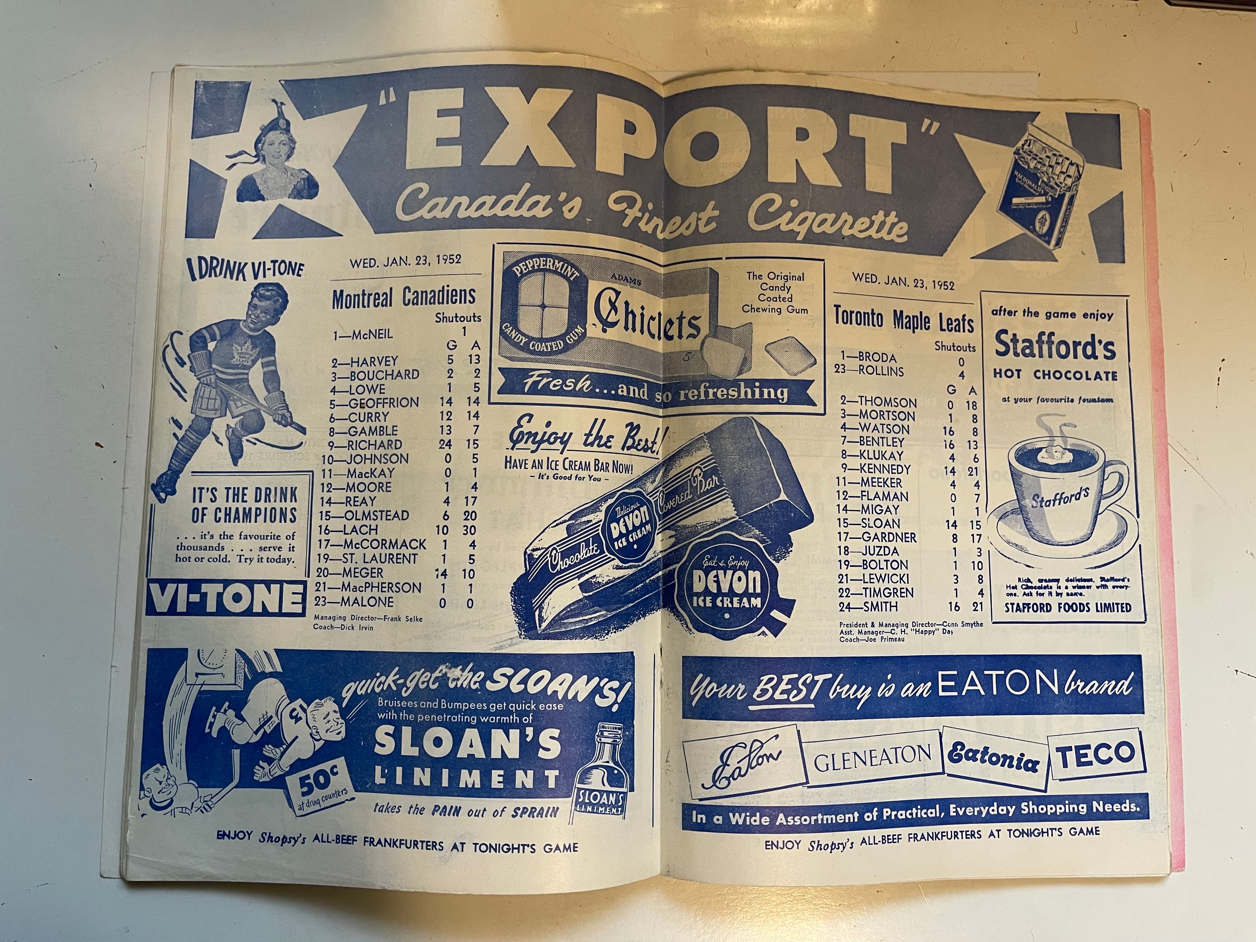 Maple Leaf Gardens original hockey game program. Jan.23,1952