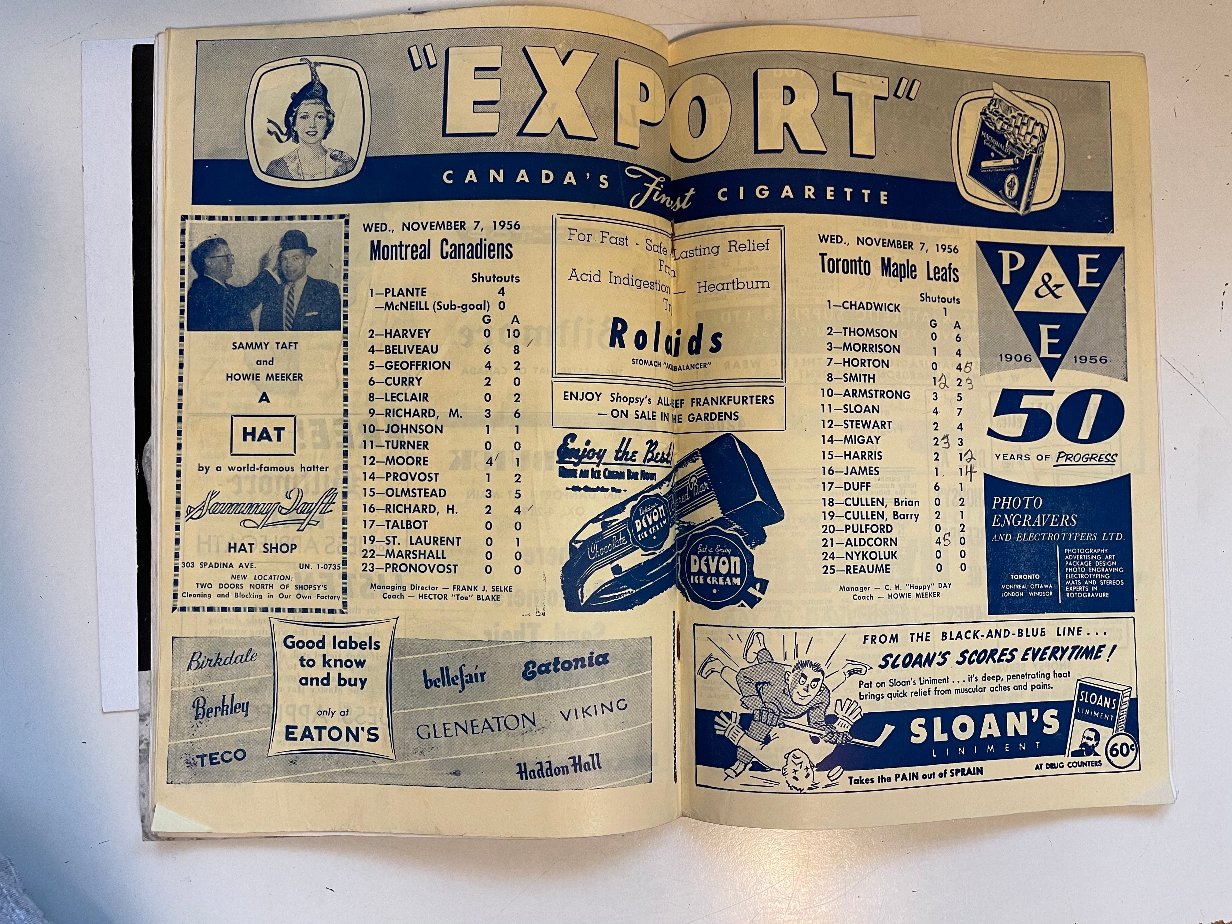 Toronto Maple Leafs hockey game program Nov.7,1956