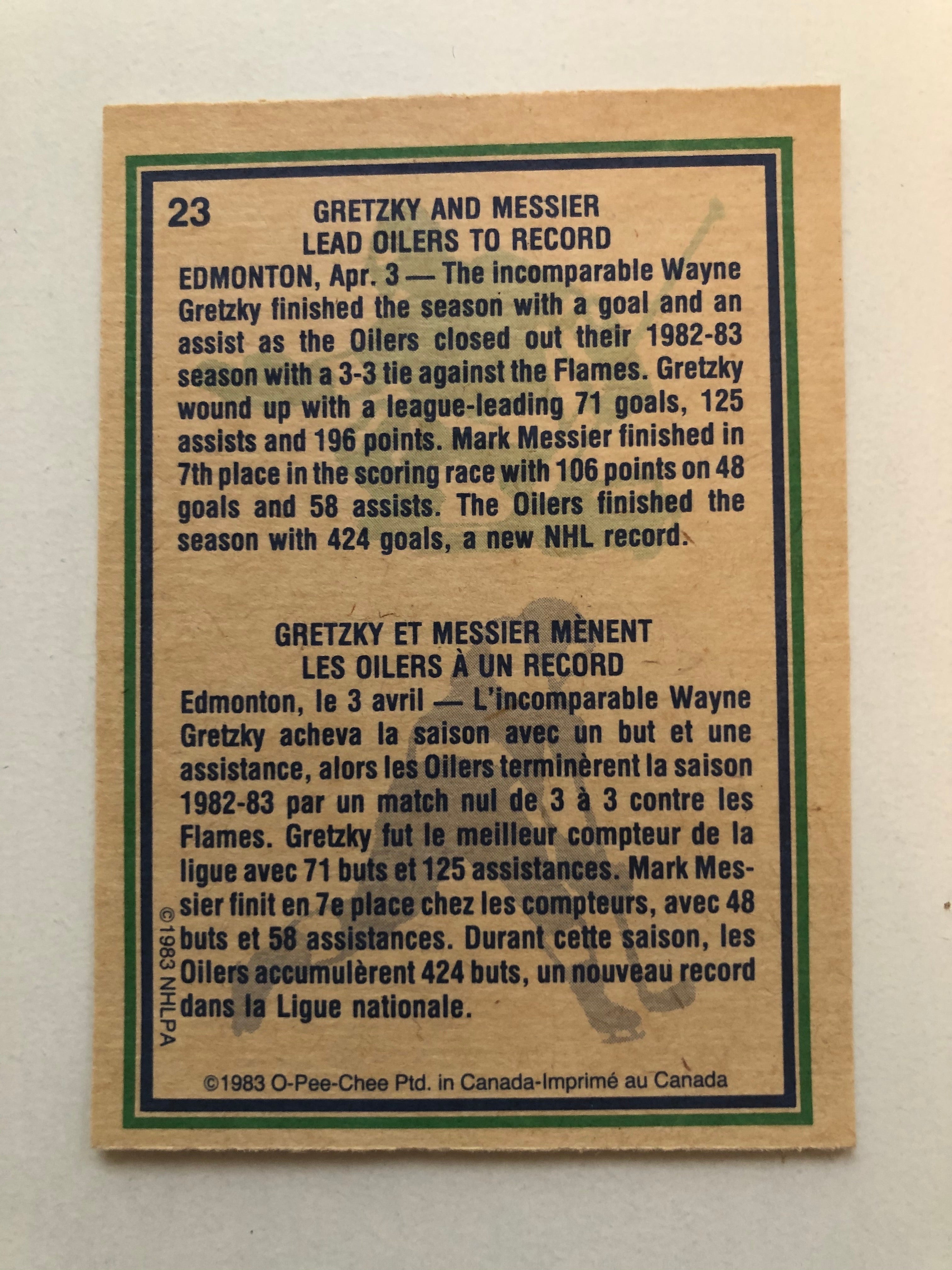 1983 Opc Wayne Gretzky and Mark Messier hockey card