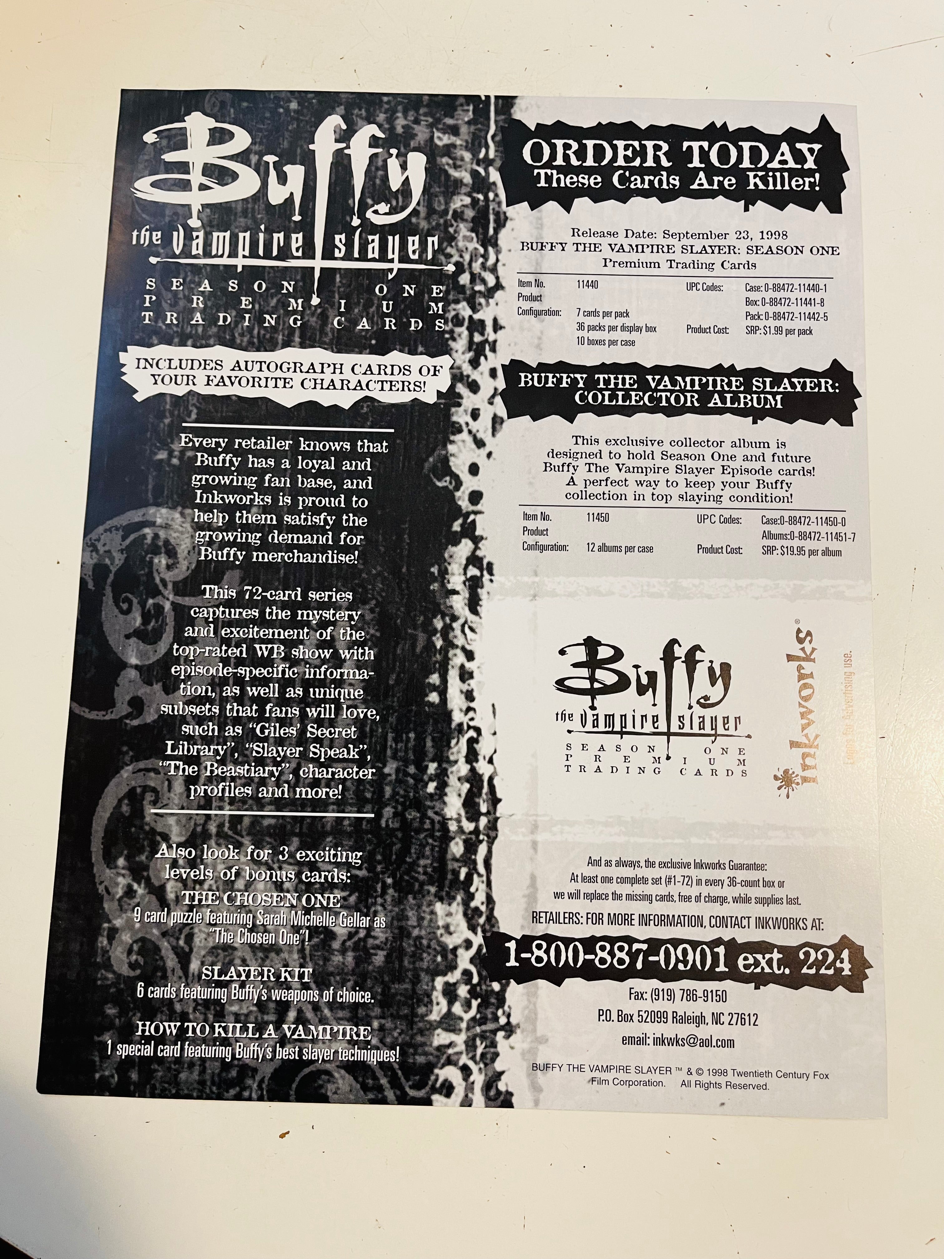 Buffy the Vampire Slayer TV show rare series 1 cards ad sheet 1998