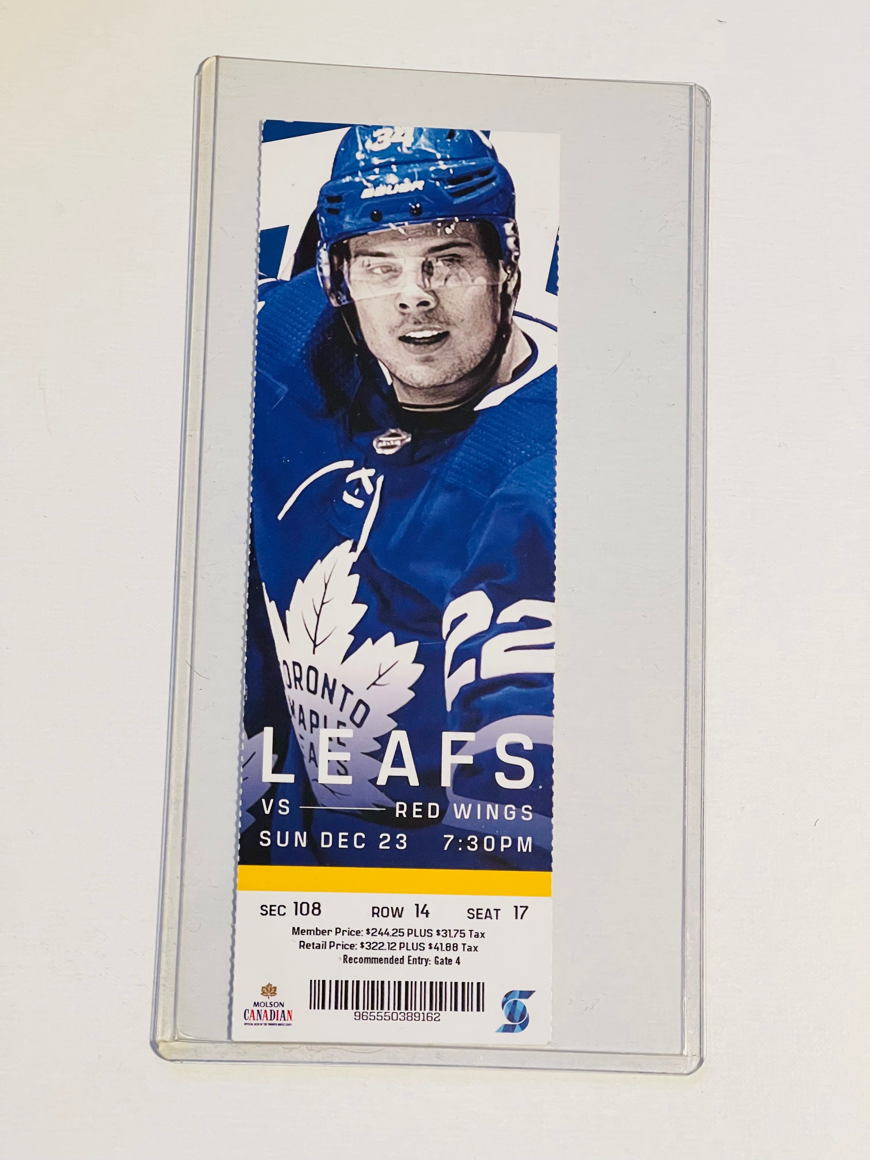 Austin Matthews rare Toronto Maple Leafs full game ticket Dec.23