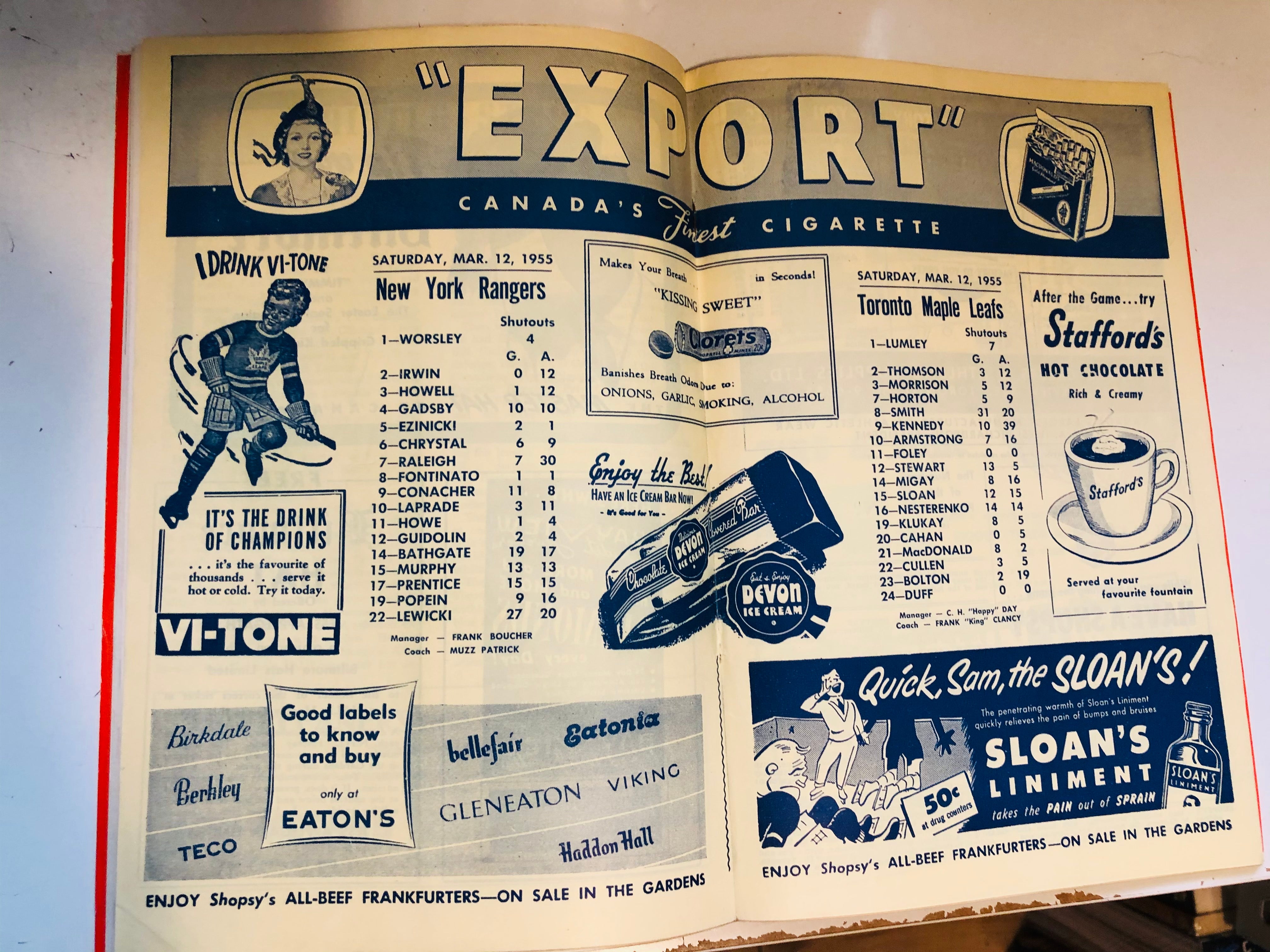 Toronto Maple Leafs hockey game program Mar.12,1955