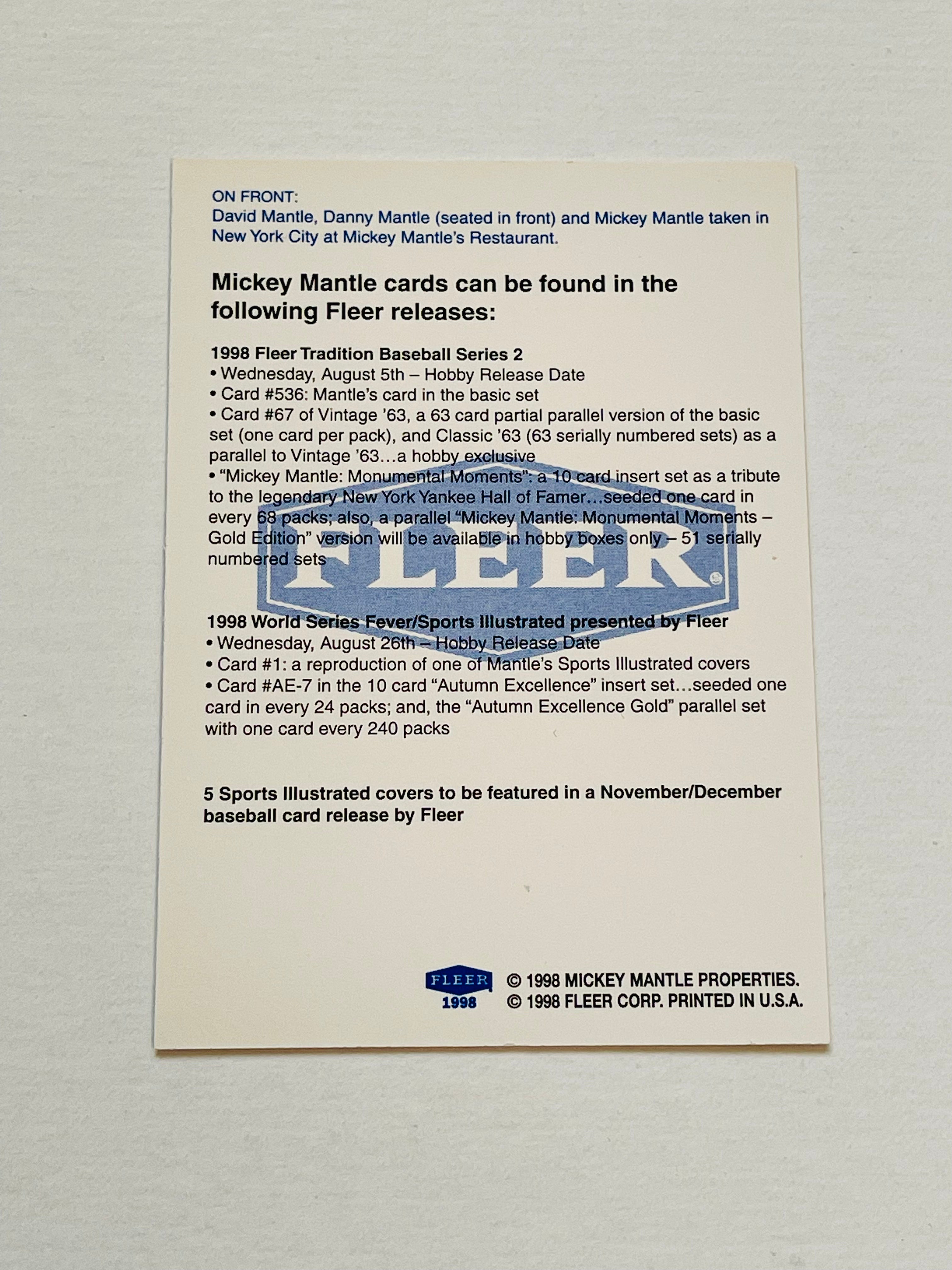 Mickey Mantle Fleer baseball card promo 1998