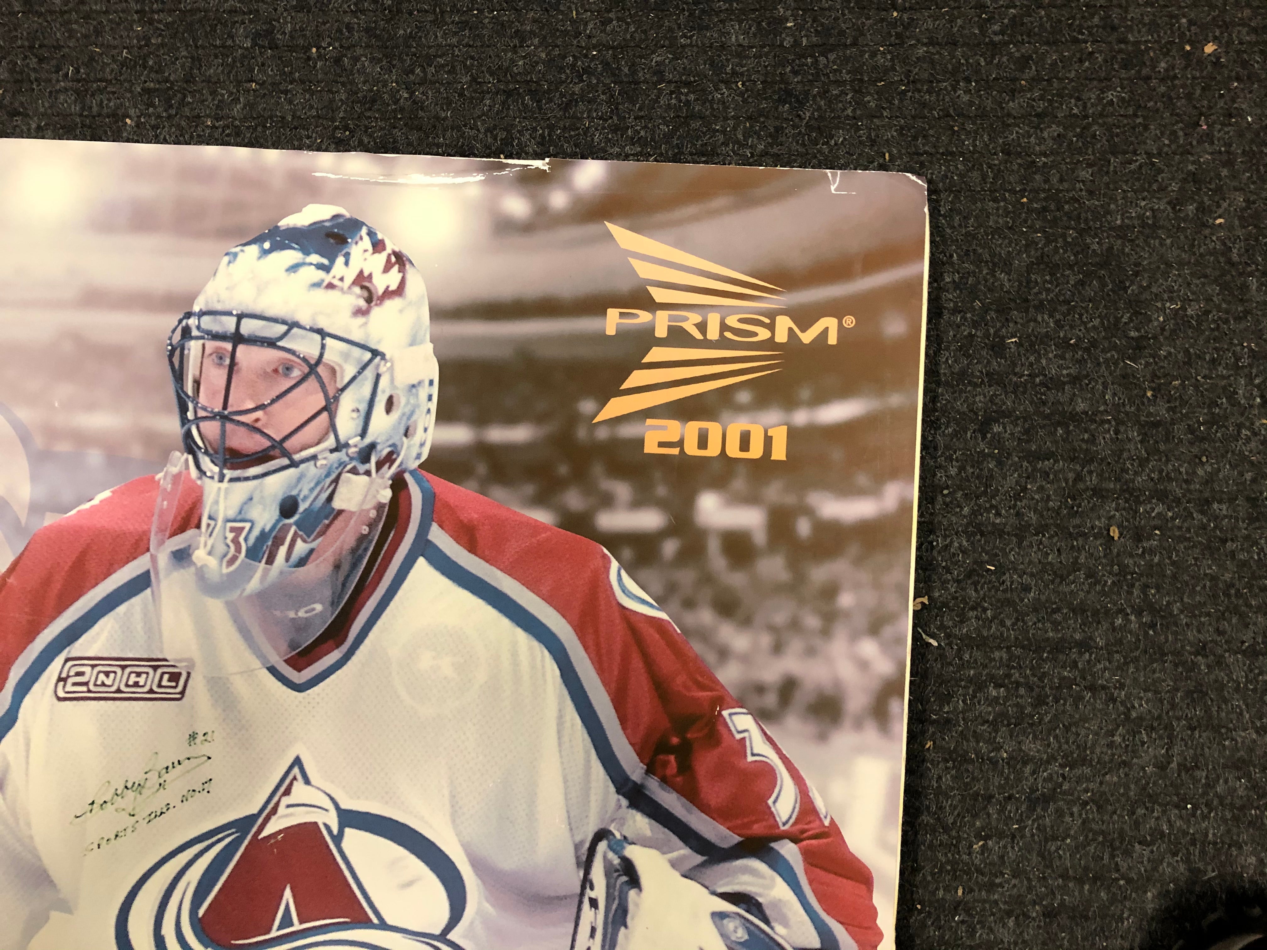 Patrick Roy Pacific large hockey card poster signed by Bobby Baun 2001
