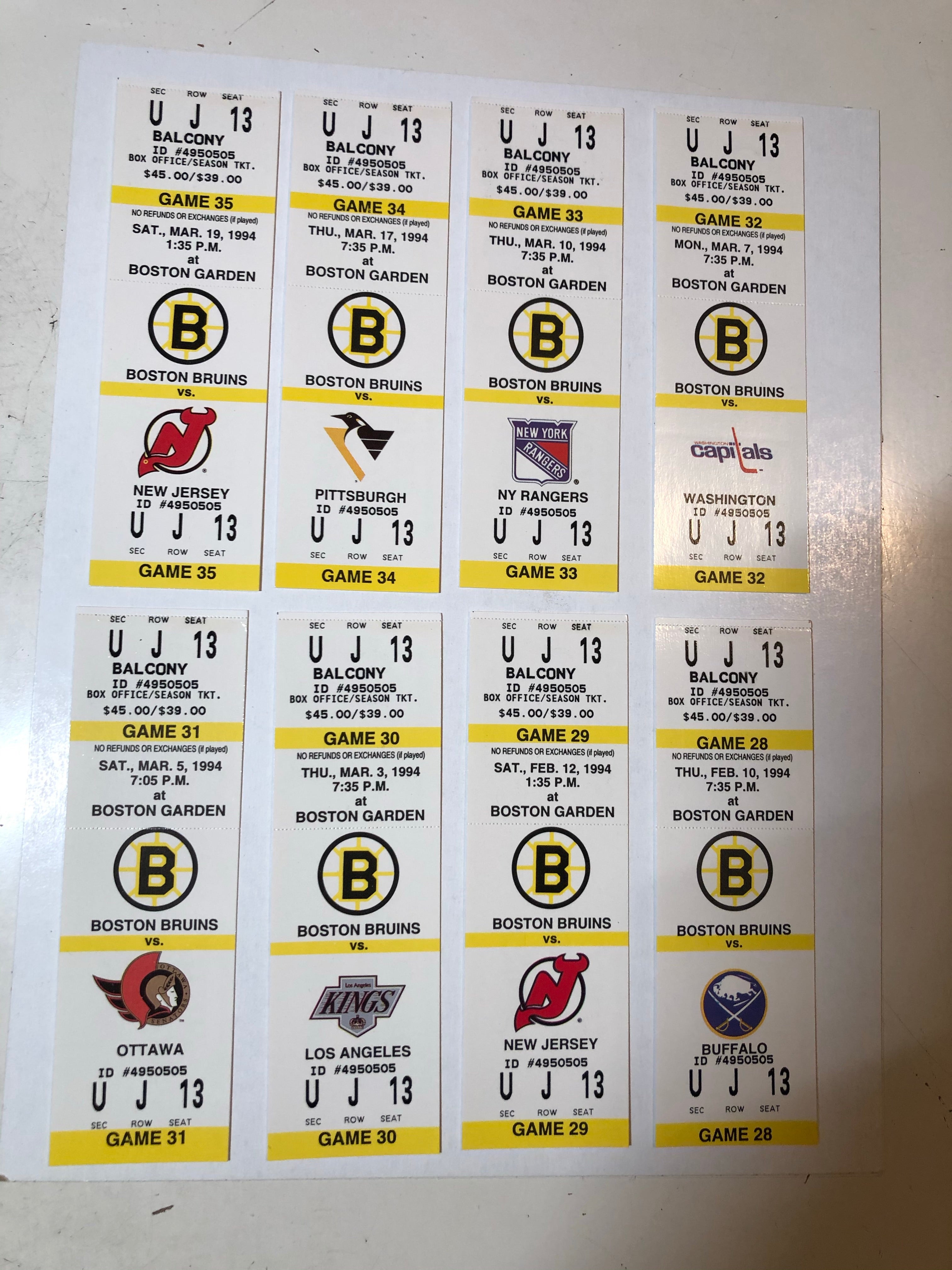Boston Bruins hockey 8 tickets lot deal ( feb. 10, 1994)