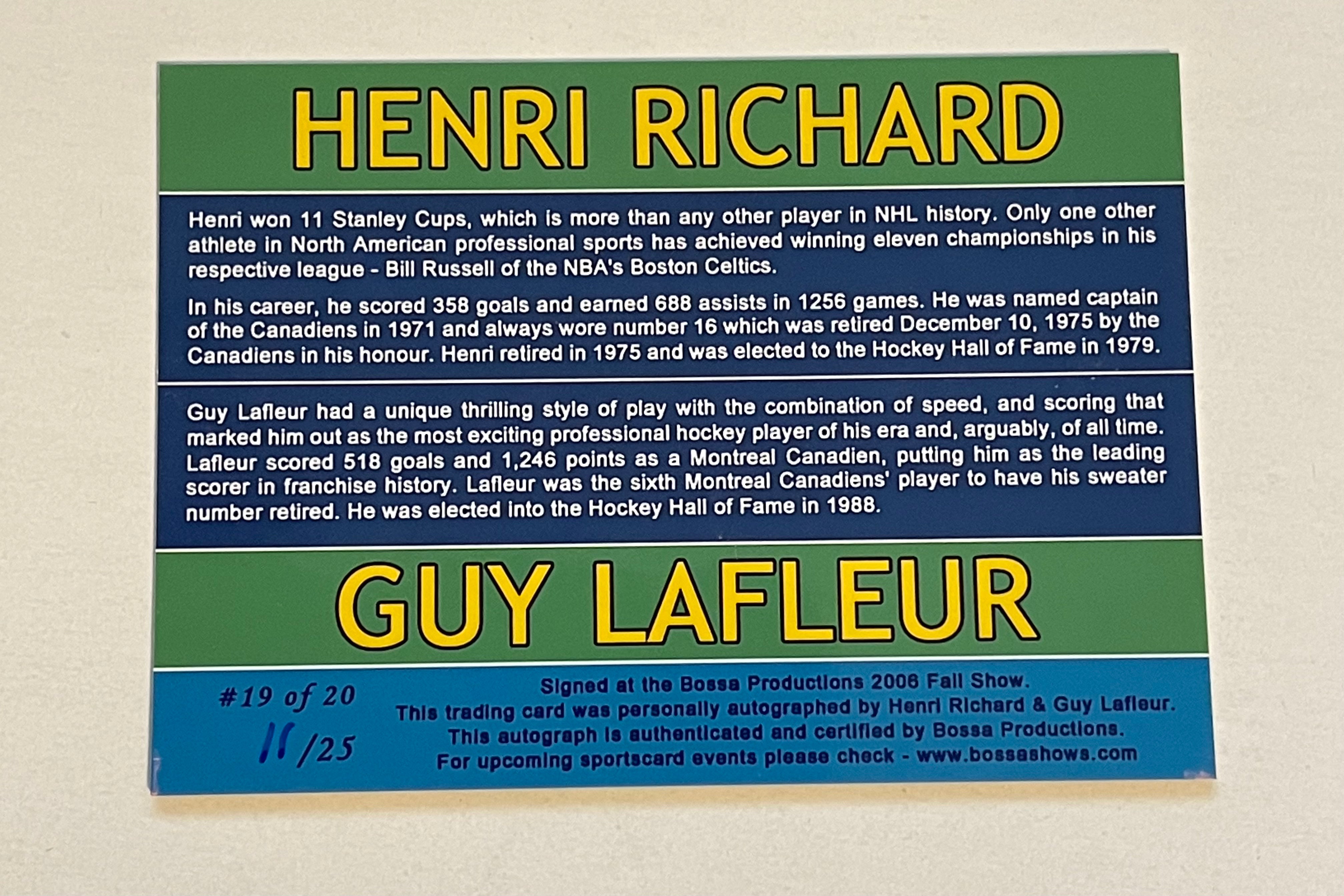 Guy LaFleur and Henri Richard rare numbered autographs card