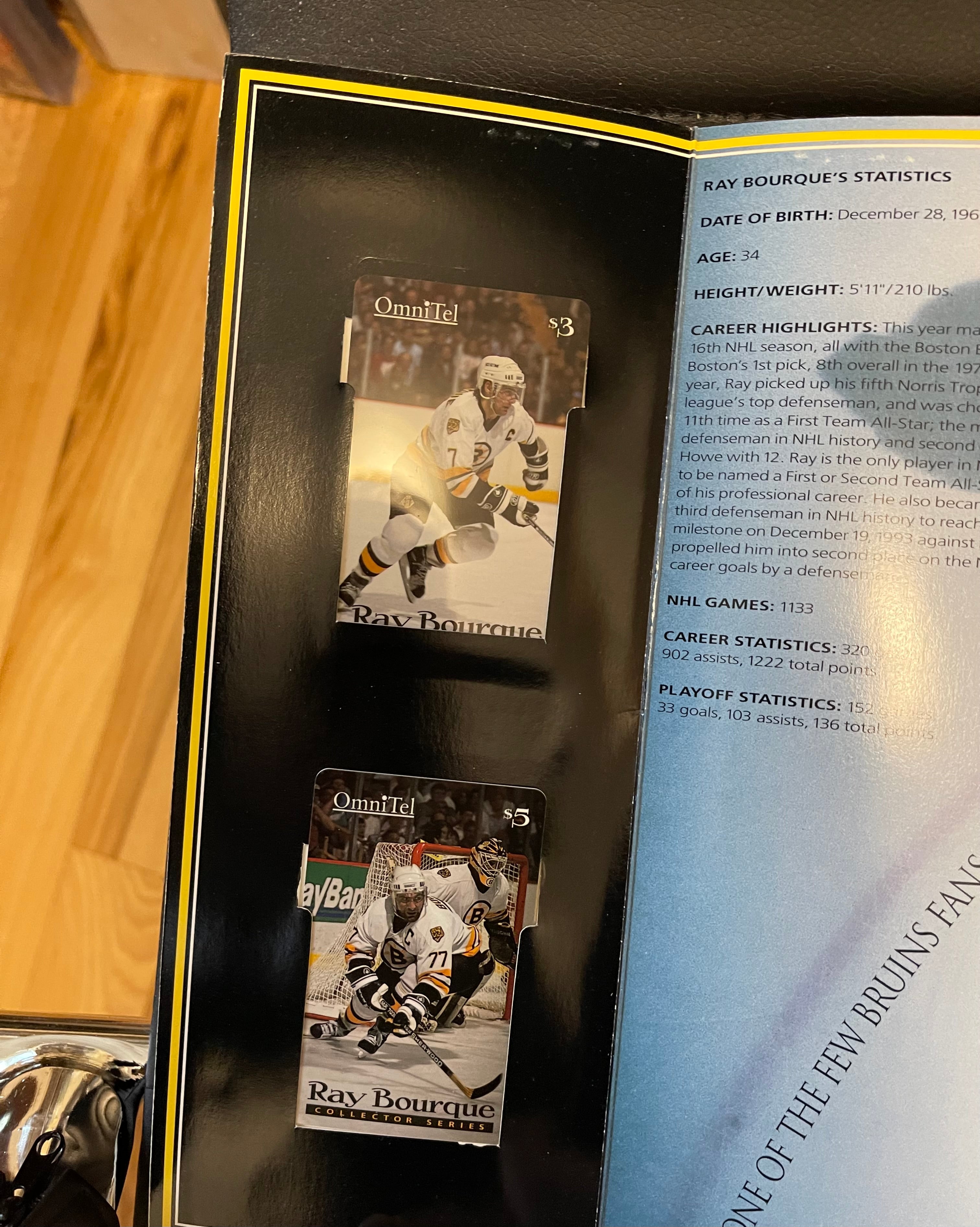 Ray Bourque 4 phonecards set in folder