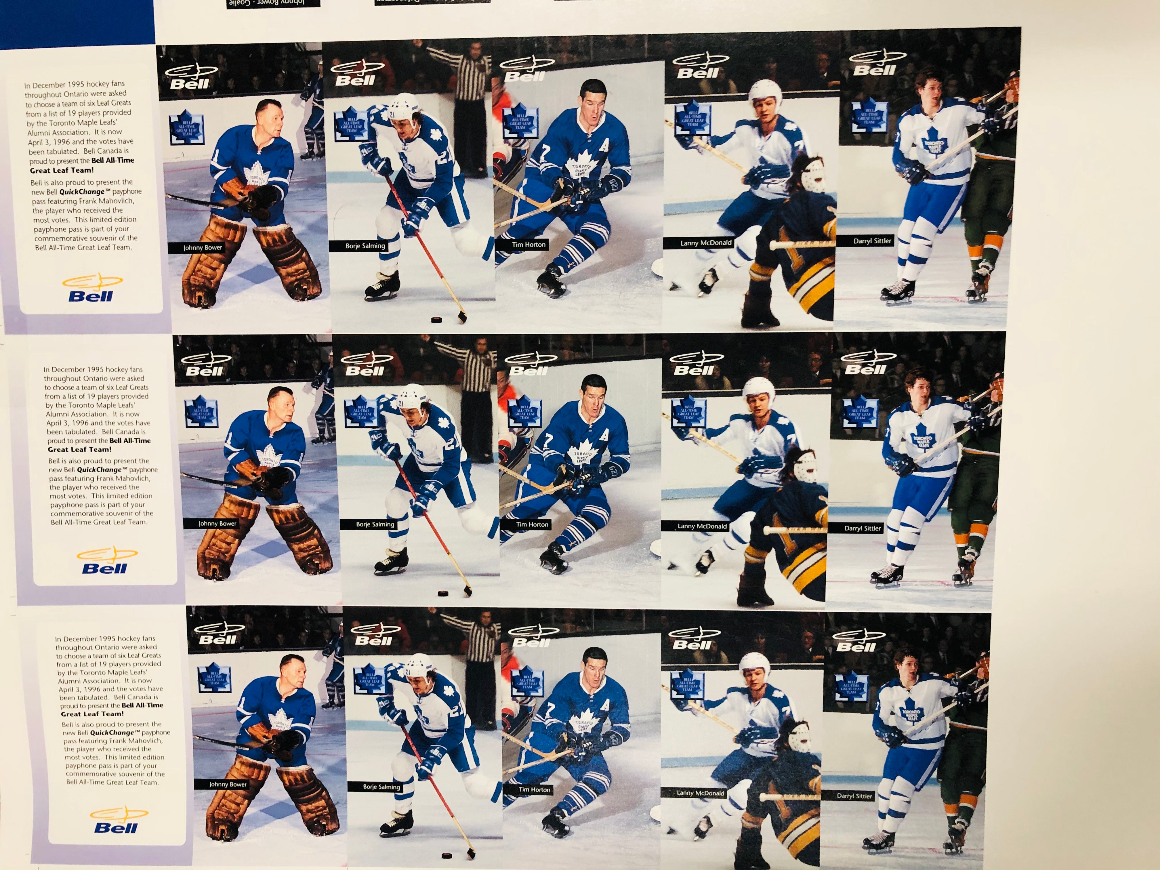 Toronto Maple Leafs hockey rare Bell Mobility uncut hockey cards sheet 1996