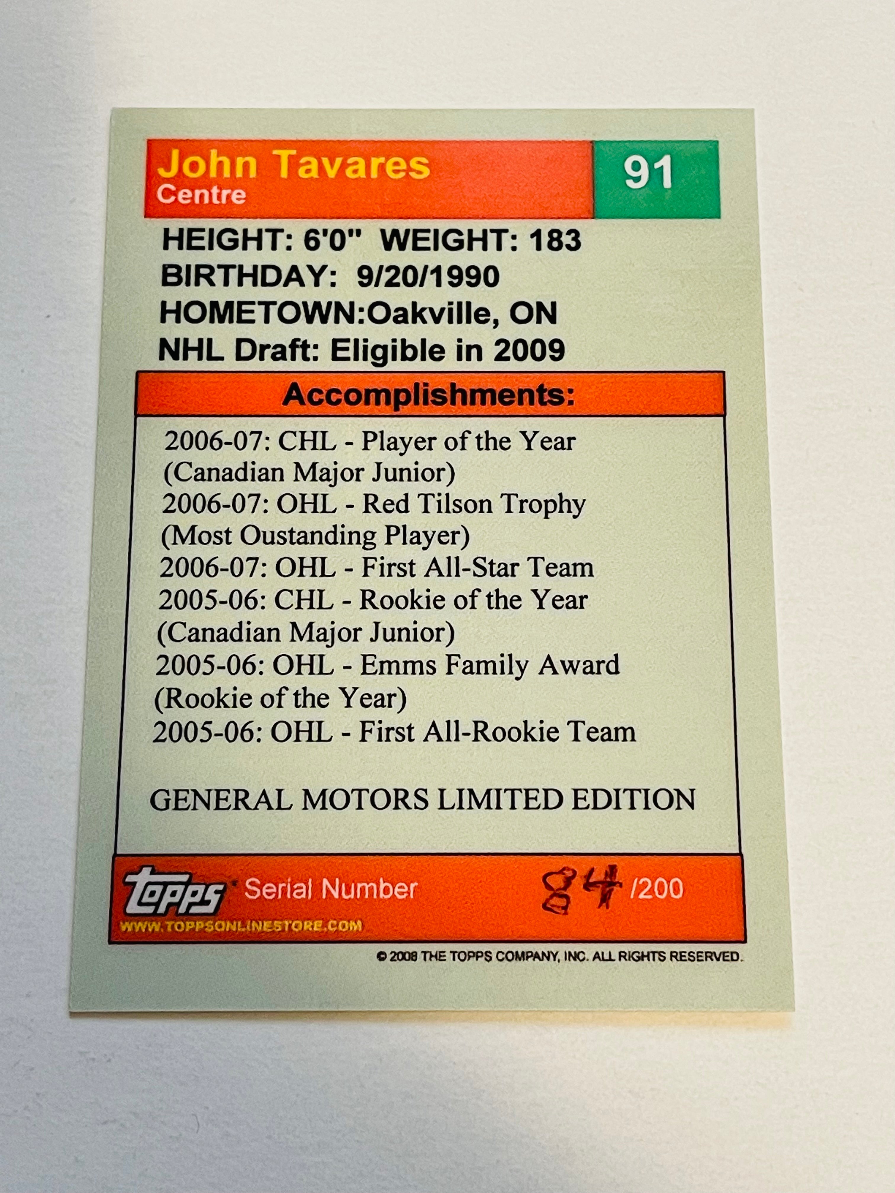 Toronto Maple Leafs John Tavares rare GM cars Topps numbered rookie hockey card 2008