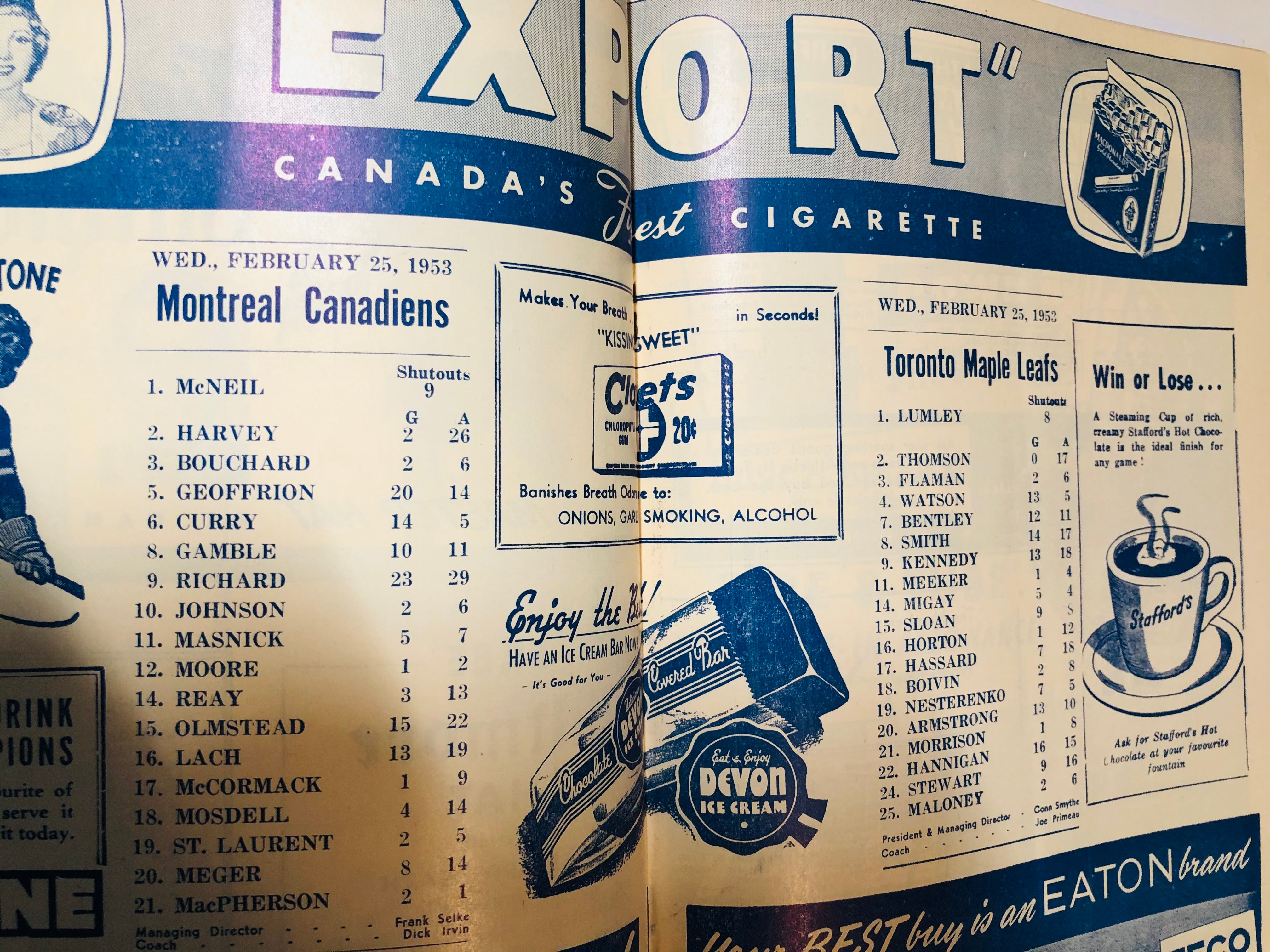 Toronto Maple Leafs hockey game program Feb.25,1953