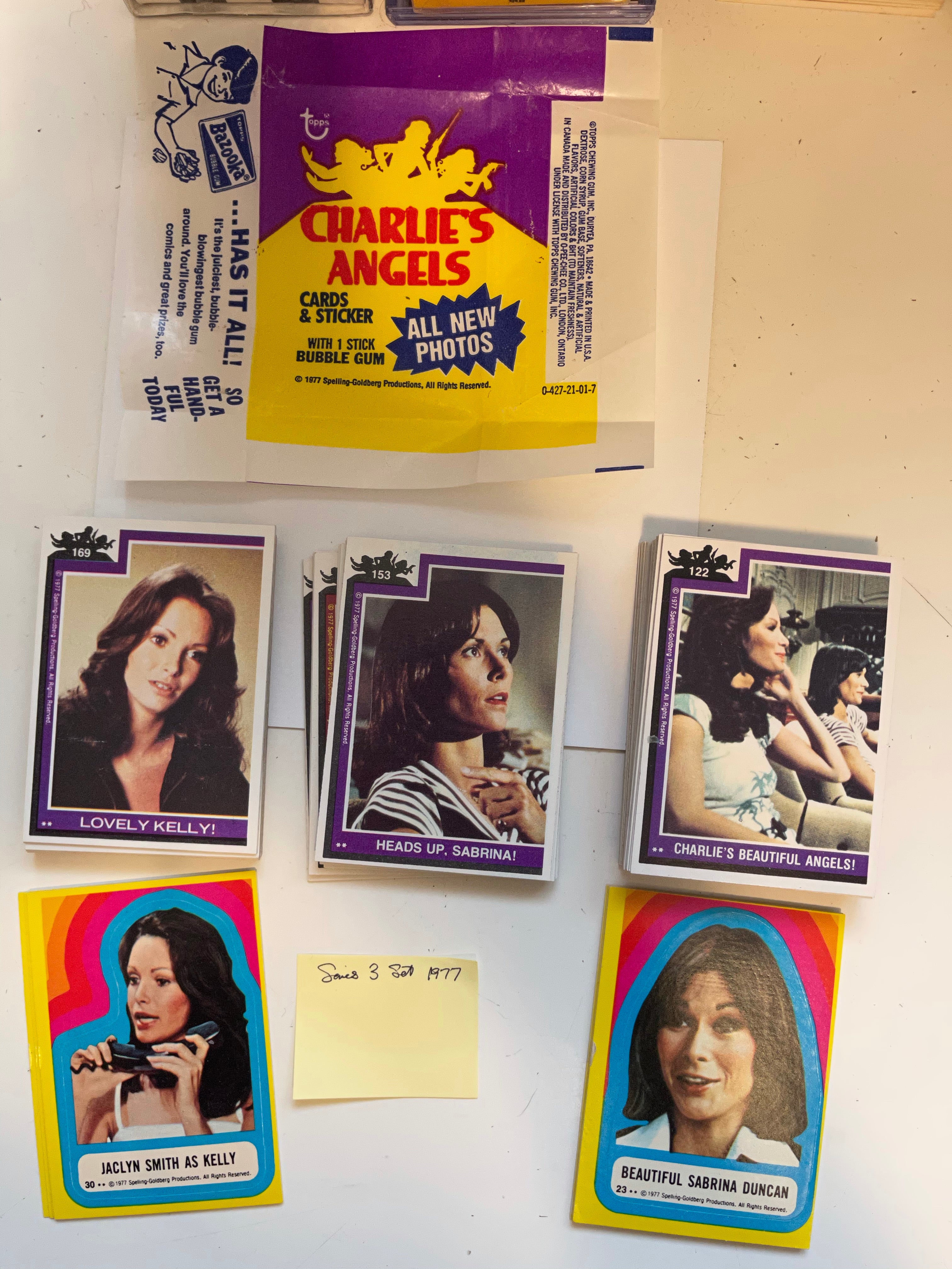 Charlie’s Angels Topps series 3 cards and stickers set with wrapper 1977