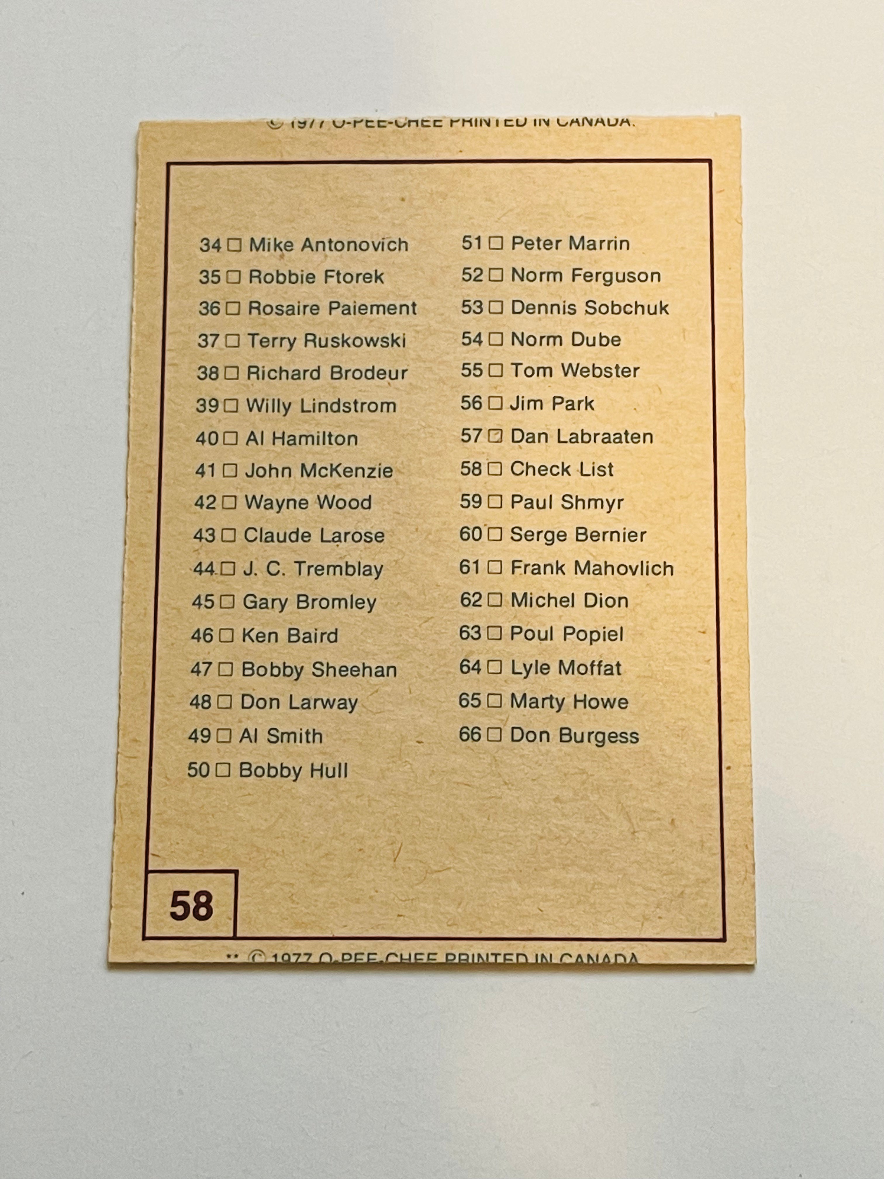 WHA hockey unmarked checklist 1977