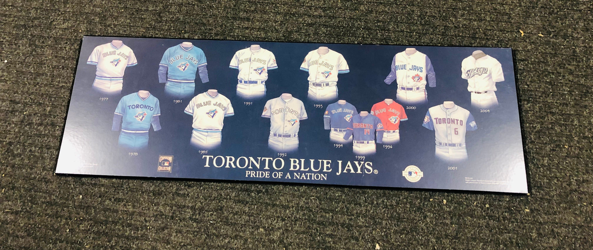 A poster featuring multiple Toronto Blue Jays uniforms in a grid arrangement, showcasing the team's colors and logos, with the text 'Toronto Blue Jays Pride of a Nation'.
