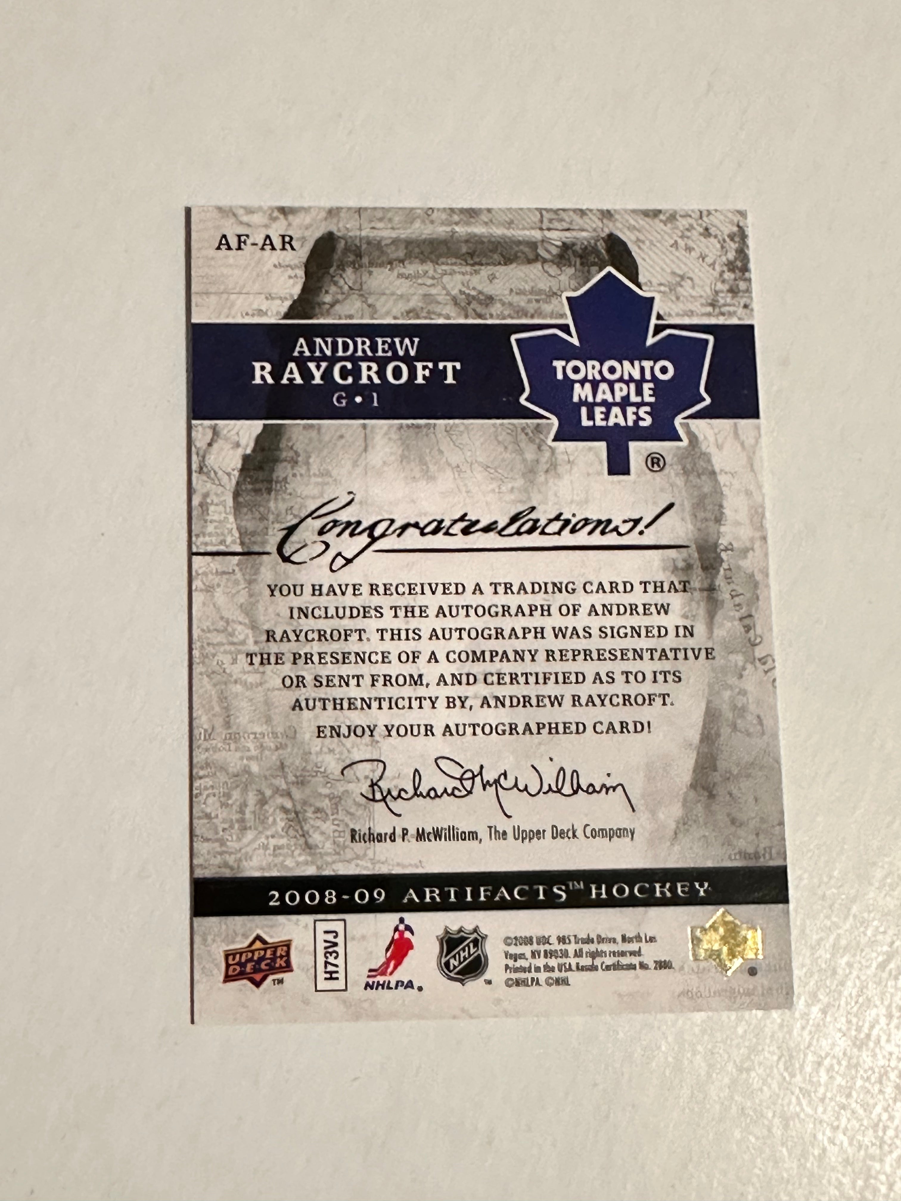 Andrew Raycroft Toronto Maple Leafs upper deck autograph insert hockey card