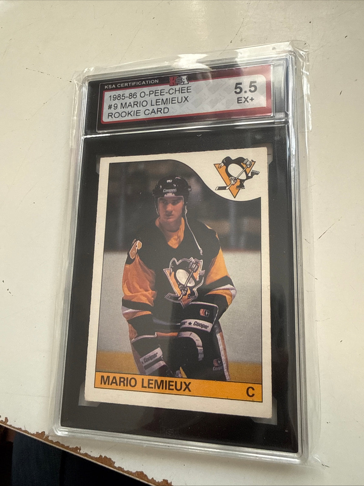 Mario Lemieux OPC rookie hockey card graded KSA 5.5 from 1985