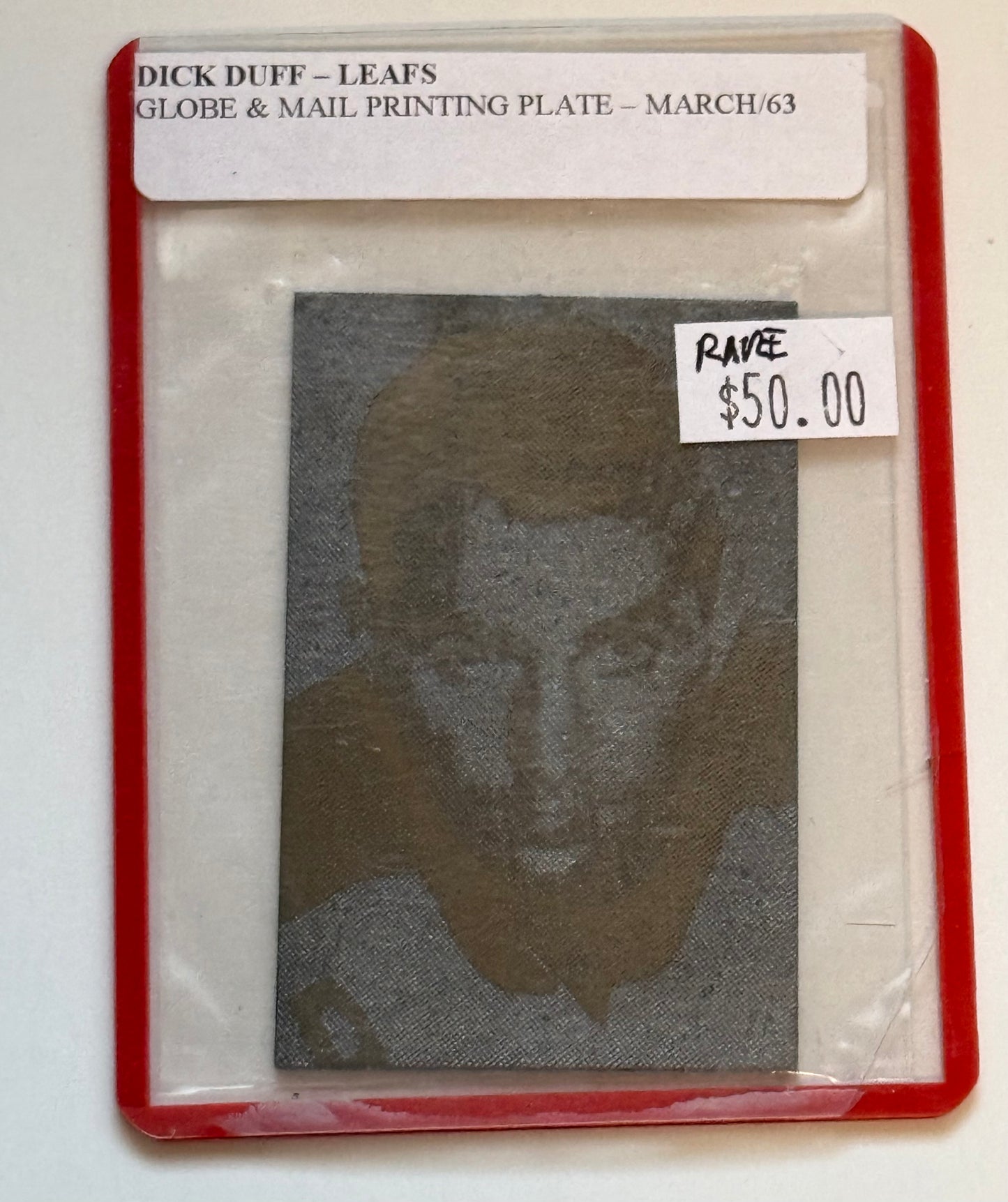 Dick Duff Toronto Maple Leafs hockey metal printing plate, 1963