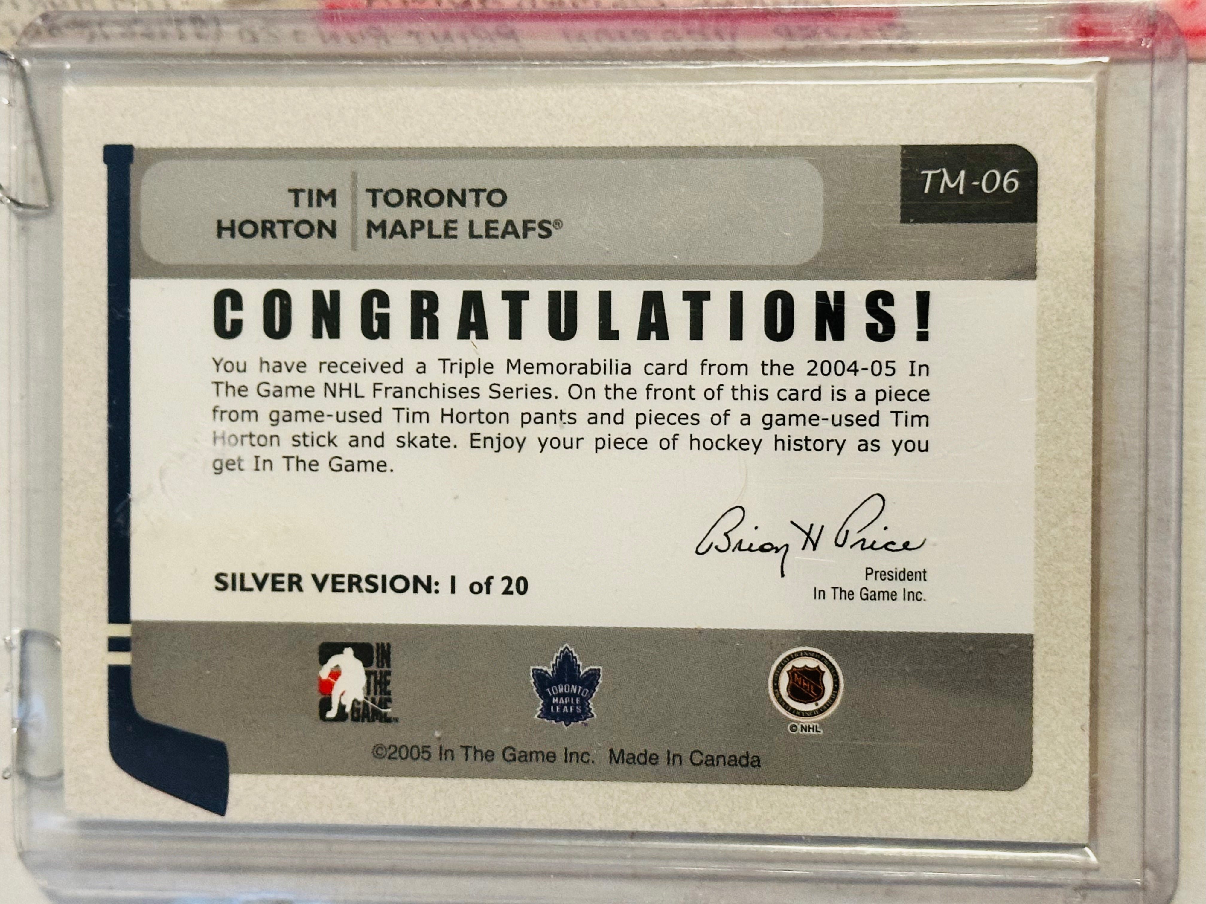 Tim Horton rare triple memorabilia hockey inserts card 2004