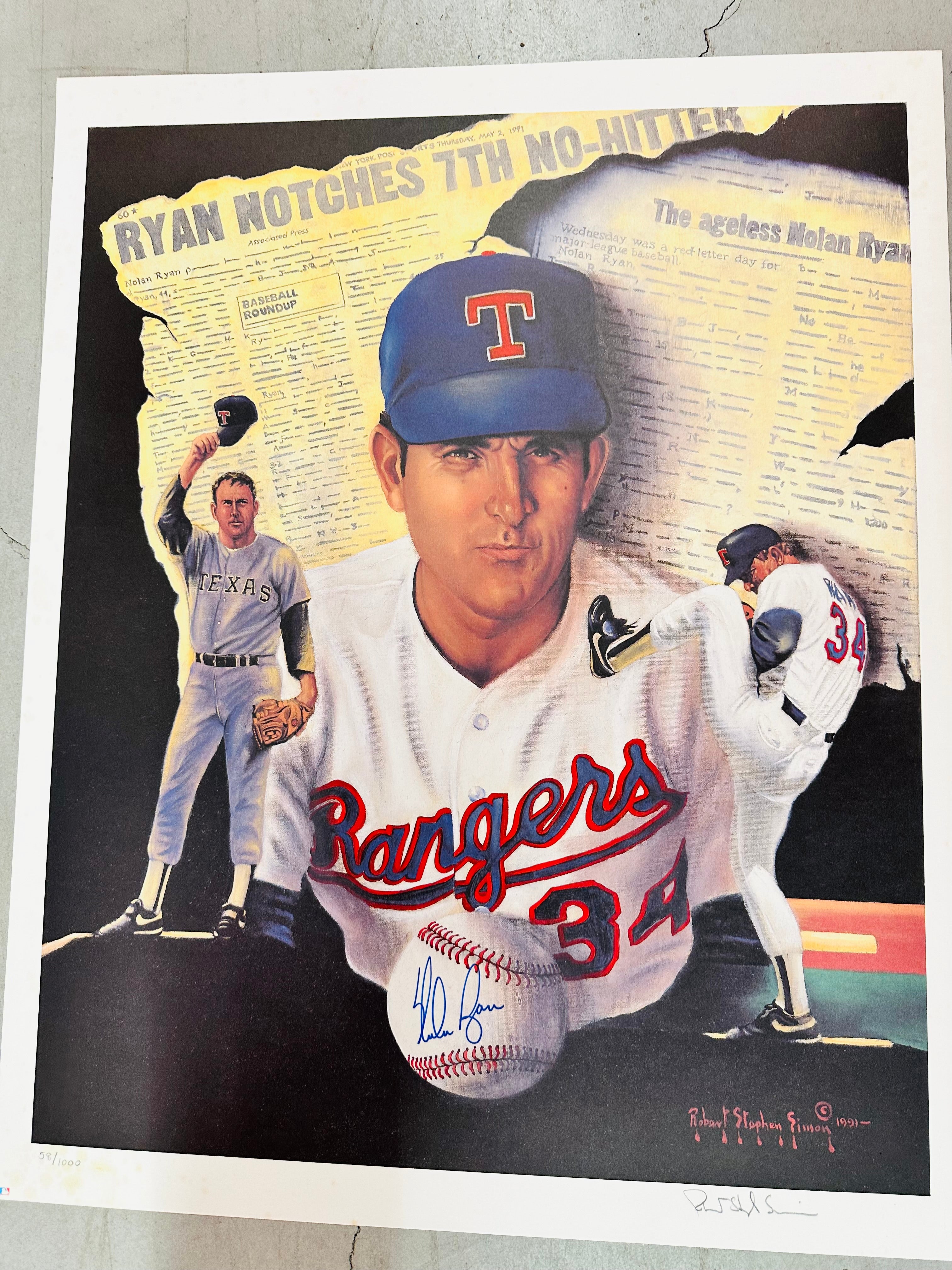 Nolan Ryan rare signed in person and by the artist large baseball lithograph print. Sold with COA