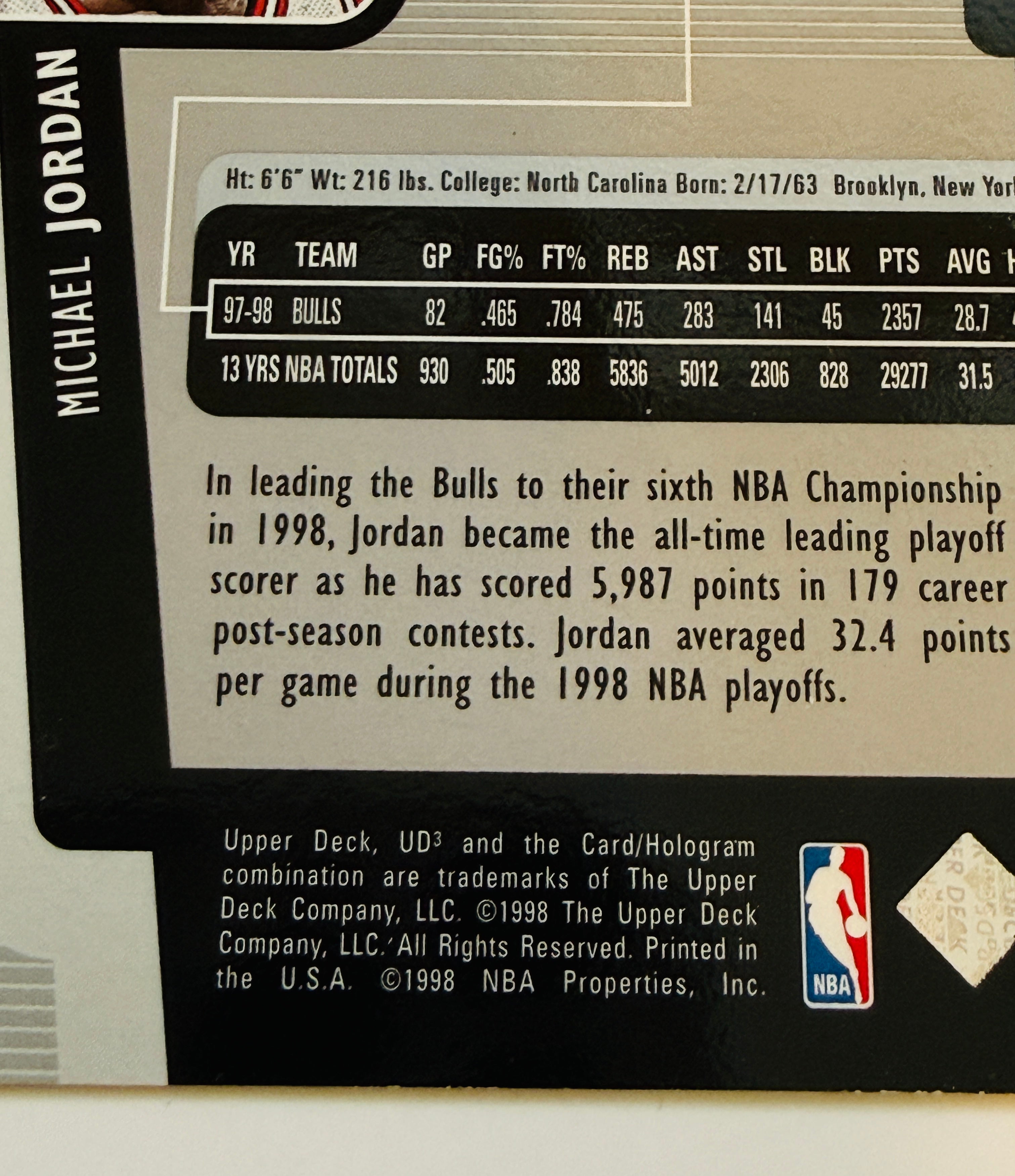 Michael Jordan Upper Deck, UD3 rare sample promo basketball card 1998