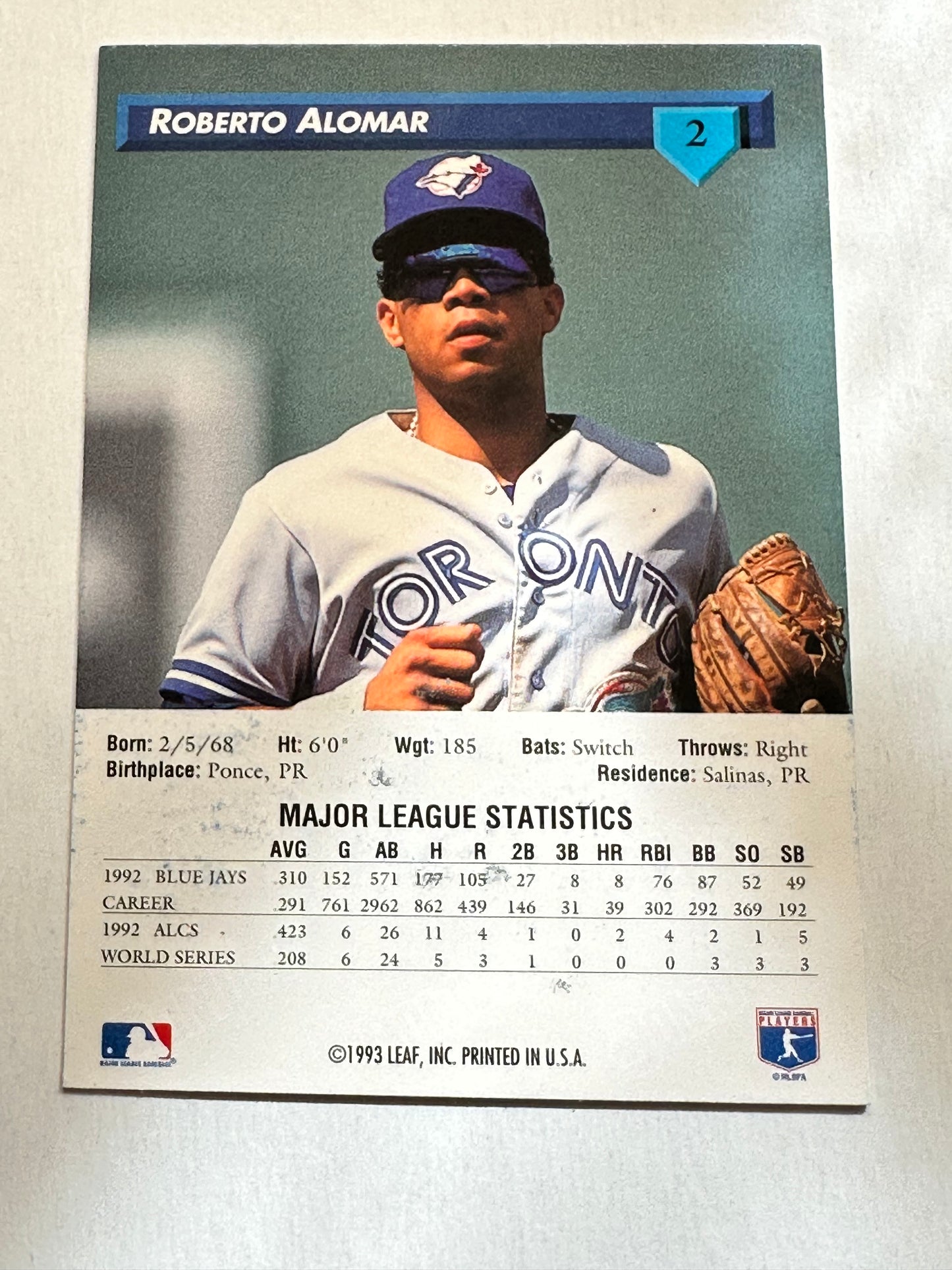 Toronto Blue Jays Roberto Alomar autographed card with COA