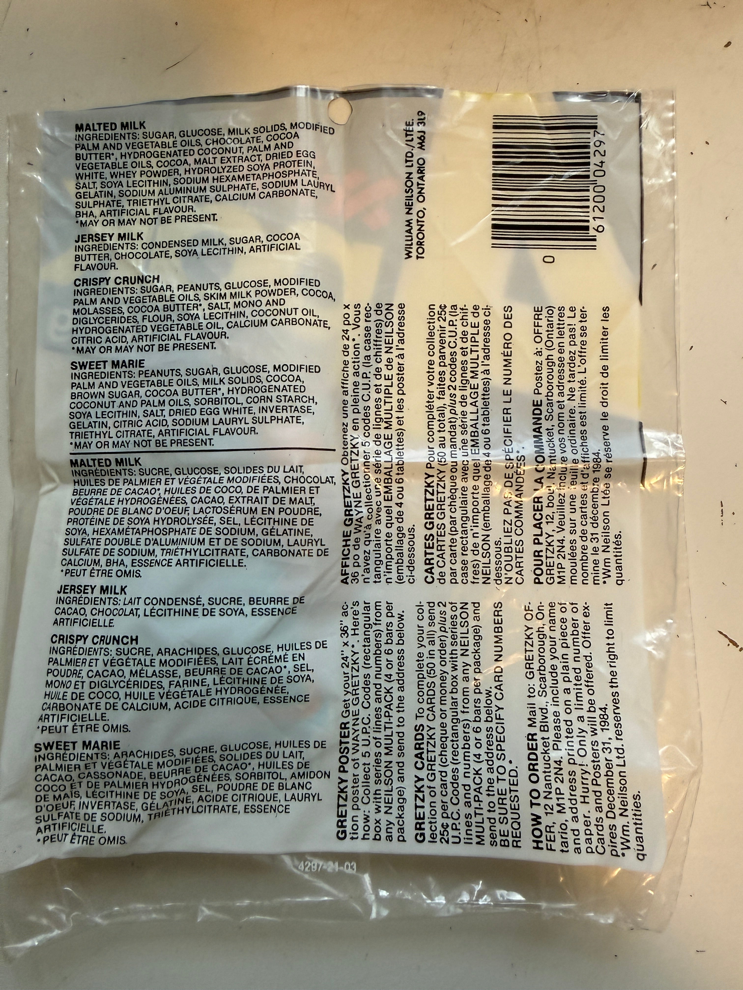 Wayne Gretzky Neilson chocolate rare vintage soft plastic wrapper 1980