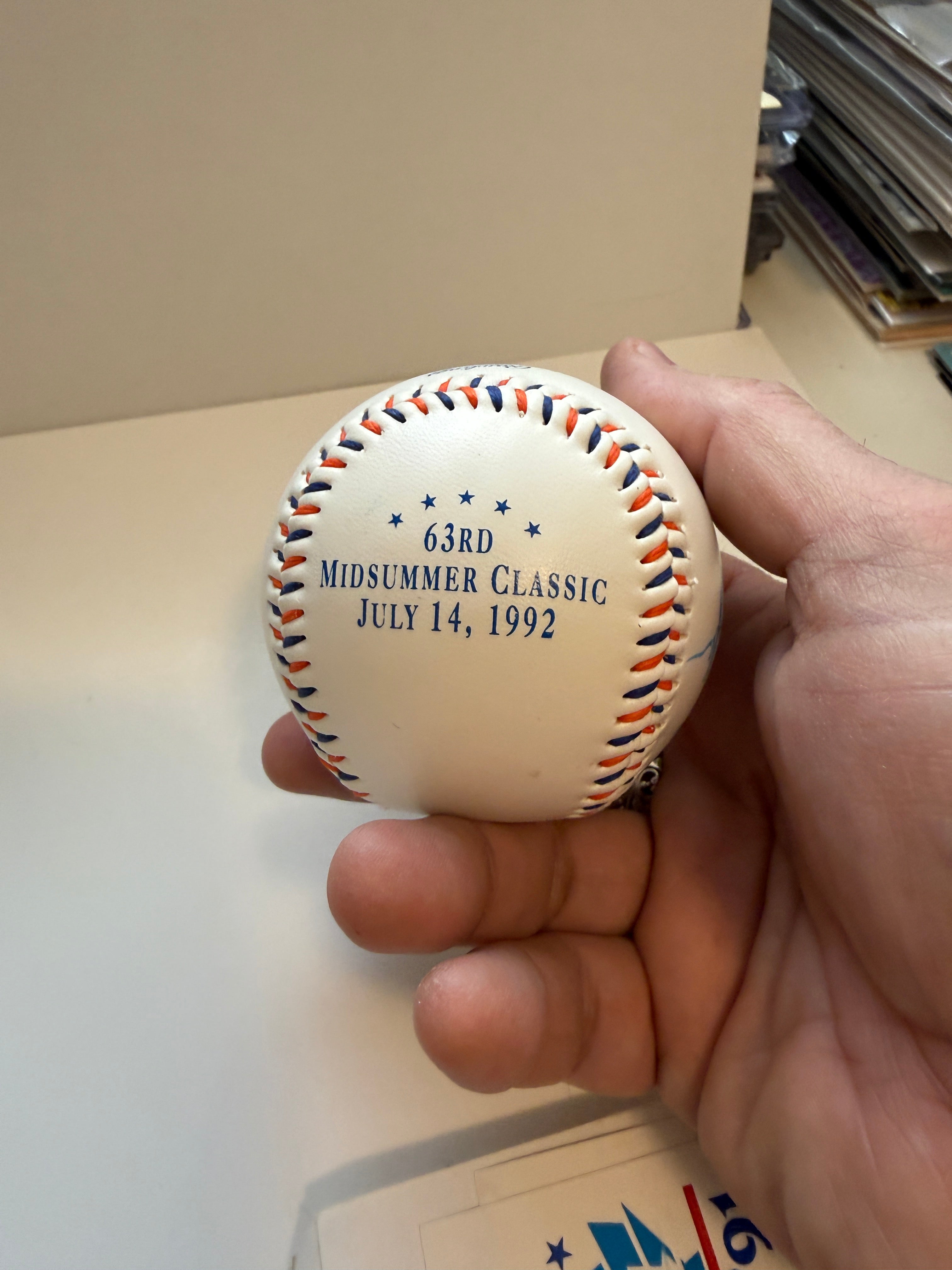 1992 All-Star game sign ball by Joe Carter, Roberto Alamar, and Juan, Guzman in ball cube certified